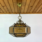 Vintage diamond pendant lamp Italy 1960s Gold brass hex crystal lamp