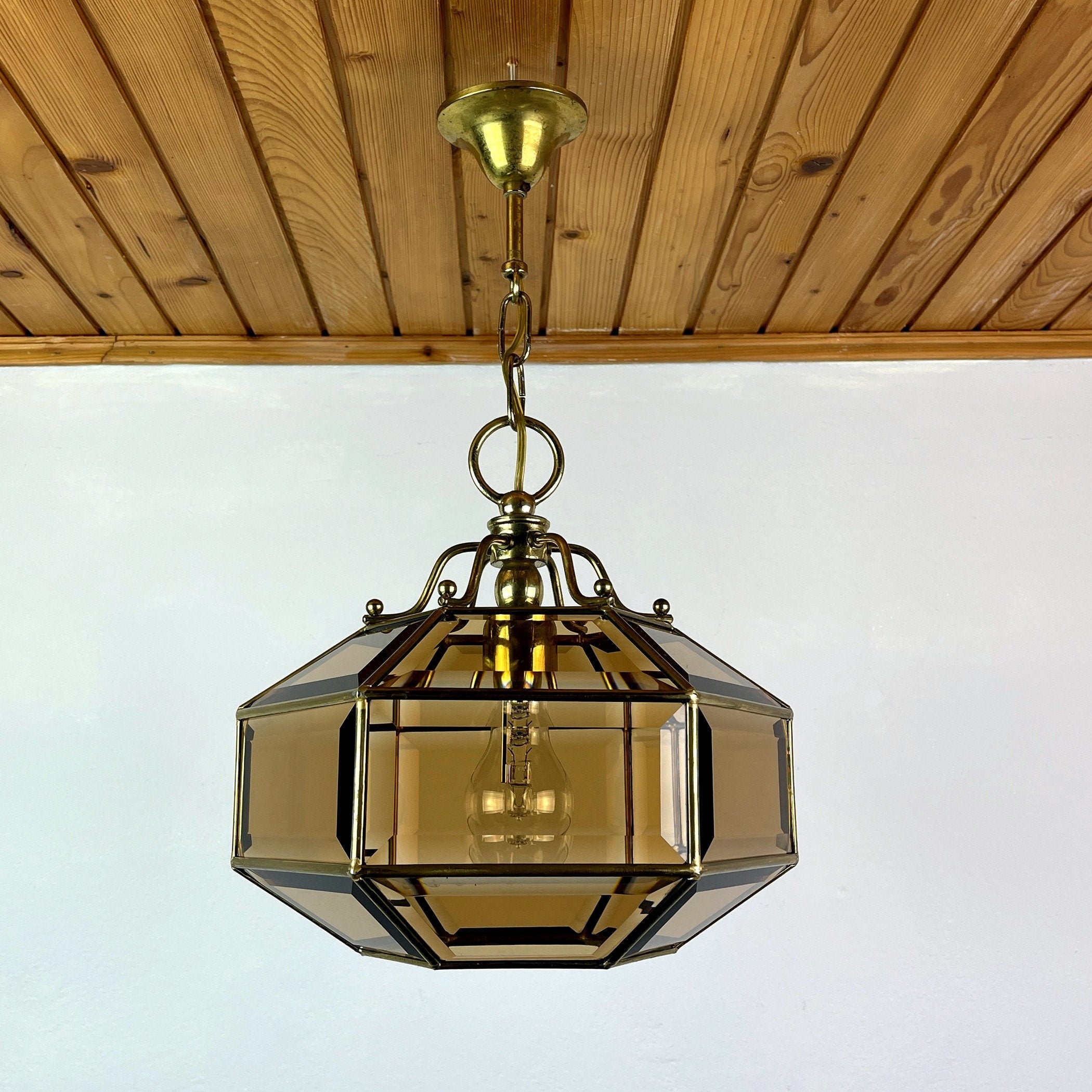 Vintage diamond pendant lamp Italy 1960s Gold brass hex crystal lamp