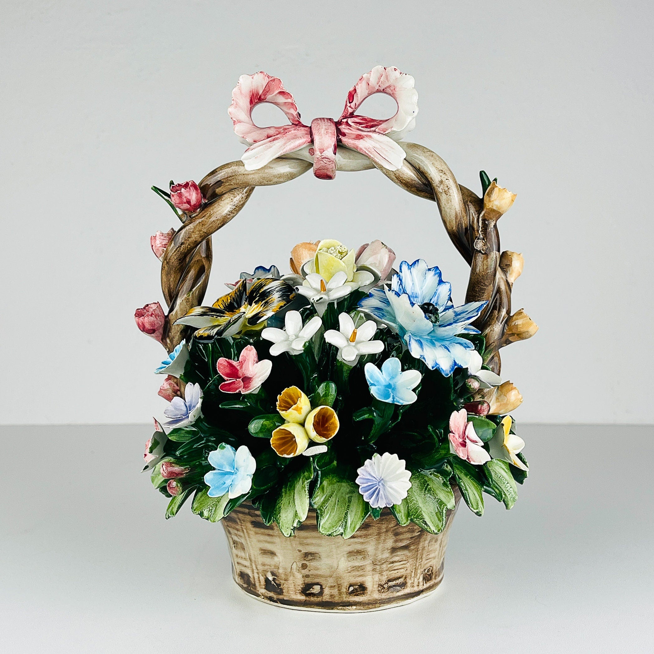 Vintage Capodimonte Ceramic Flower Basket by S. Rioleva, Italy 1960s