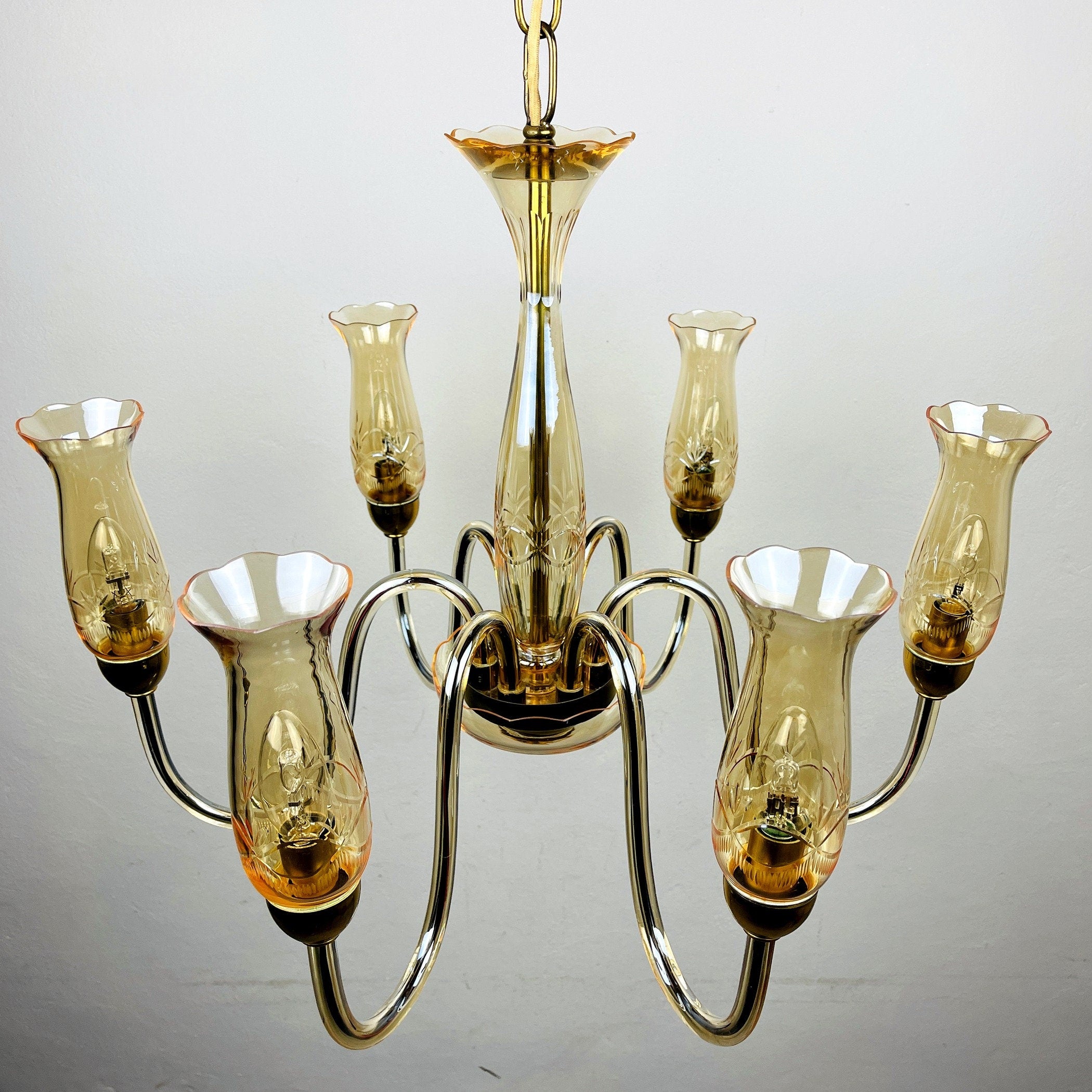 Vintage amber murano chandelier De Majo Italy 1970s Mid-century italian chandelier 6 bulbs
