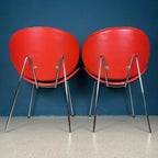 Vintage Red Vinyl Lounge Chairs: Pierre Paulin Style, Mid-Century Modern (Pair)