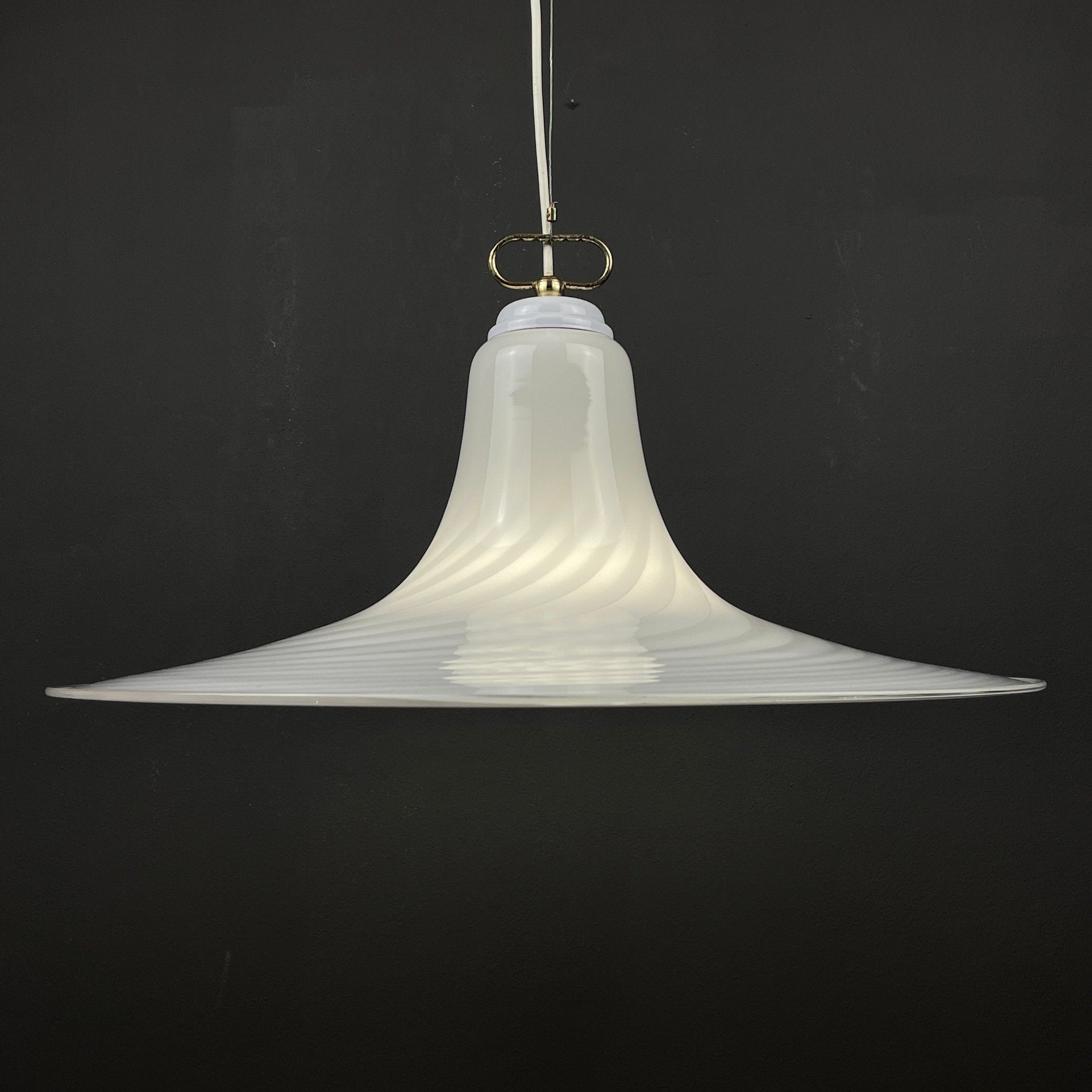 Vintage Murano Glass Pendant Lamp: Swirl White Mid-Century Lighting