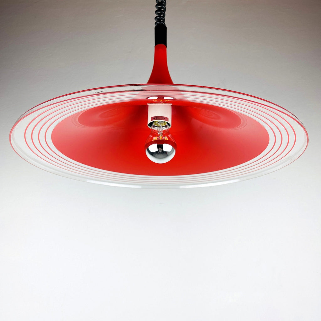 Mid-century red plastic pendant lamp Albatros Meblo Yugoslavia 1970s Space age atomic