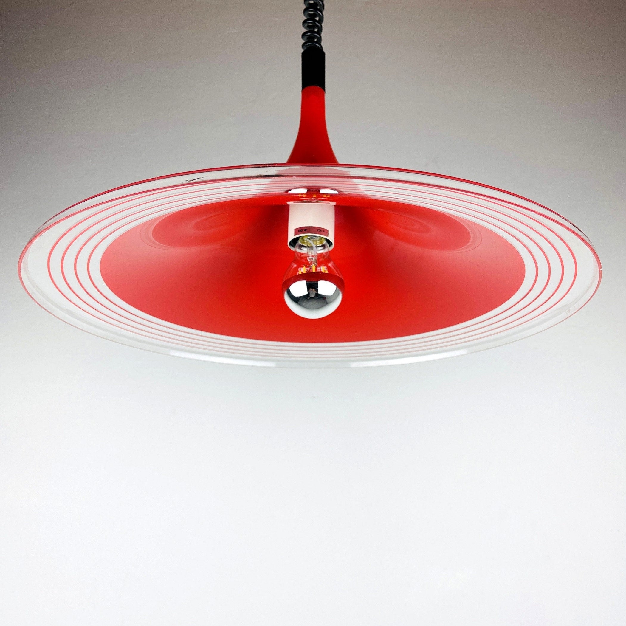 Mid-century red plastic pendant lamp Albatros Meblo Yugoslavia 1970s Space age atomic
