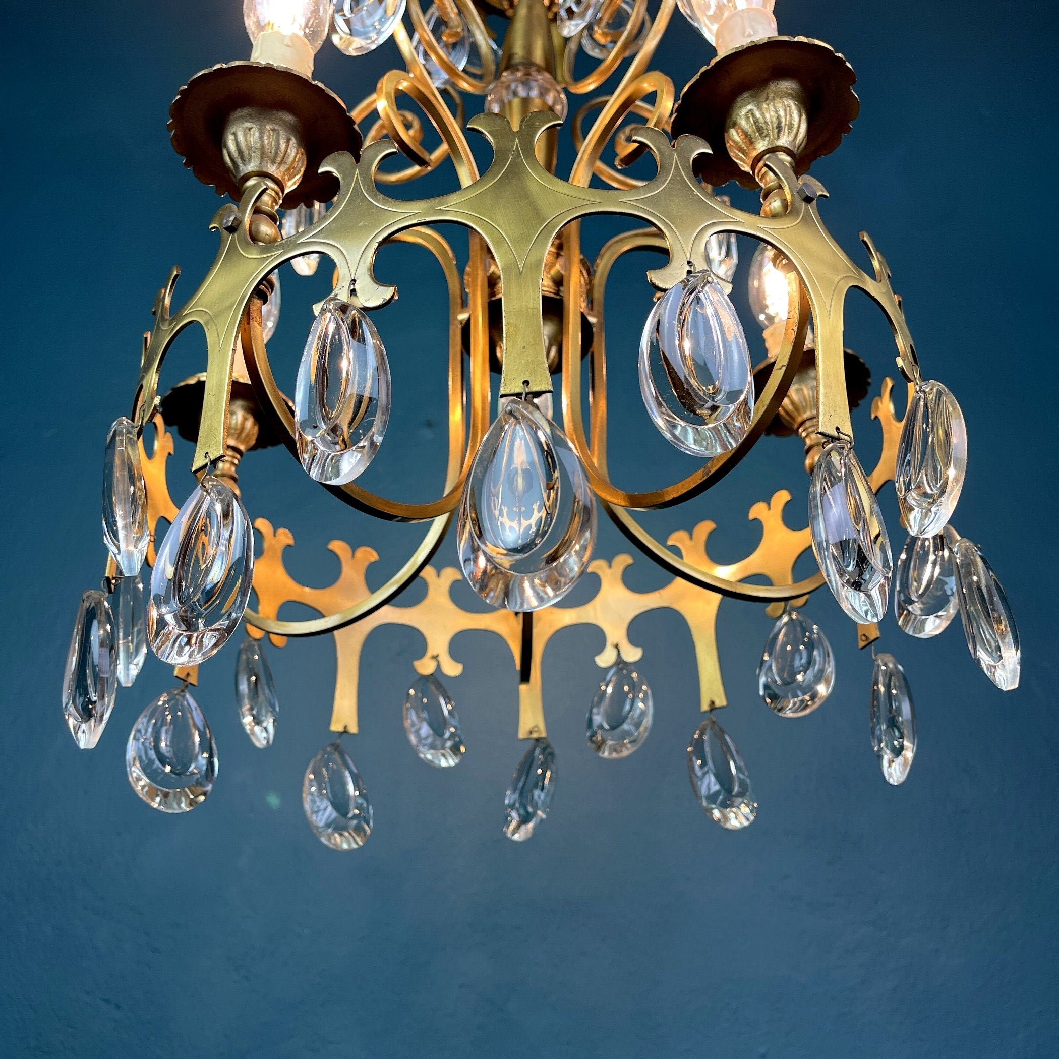 Vintage Italian Chandelier: 1960s Bronze 5-Arm Crystal Drop Light