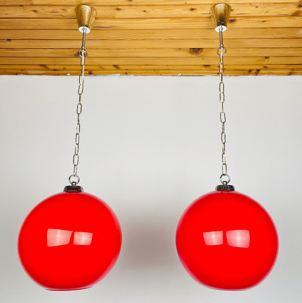 Vintage Red Glass Pendant Lamp: Mid Century Modern Lighting, Yugoslavia 1980s