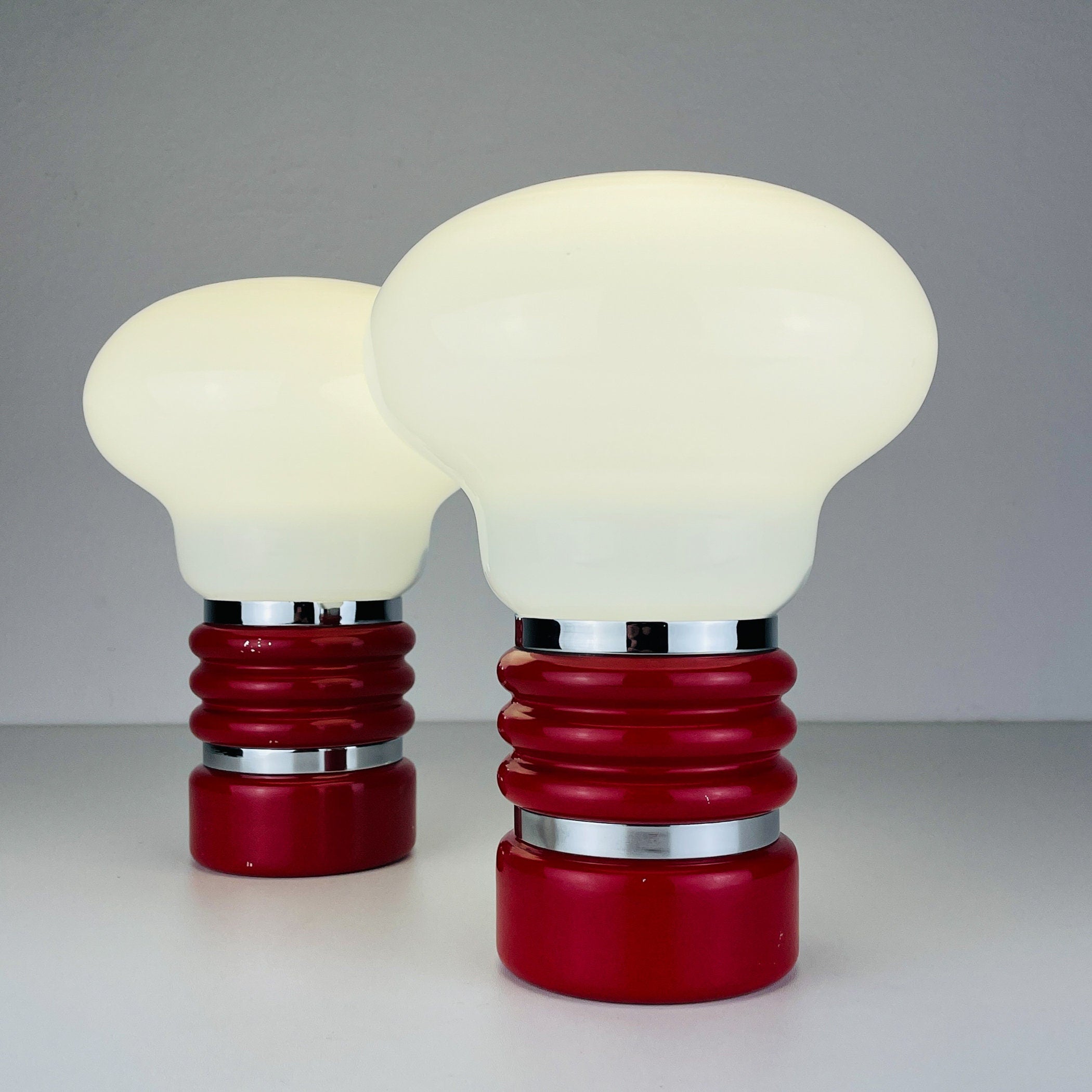 Vintage Enrico Tronconi Bulb Lamps: Red Enamel & Opaline Glass, Set of 2