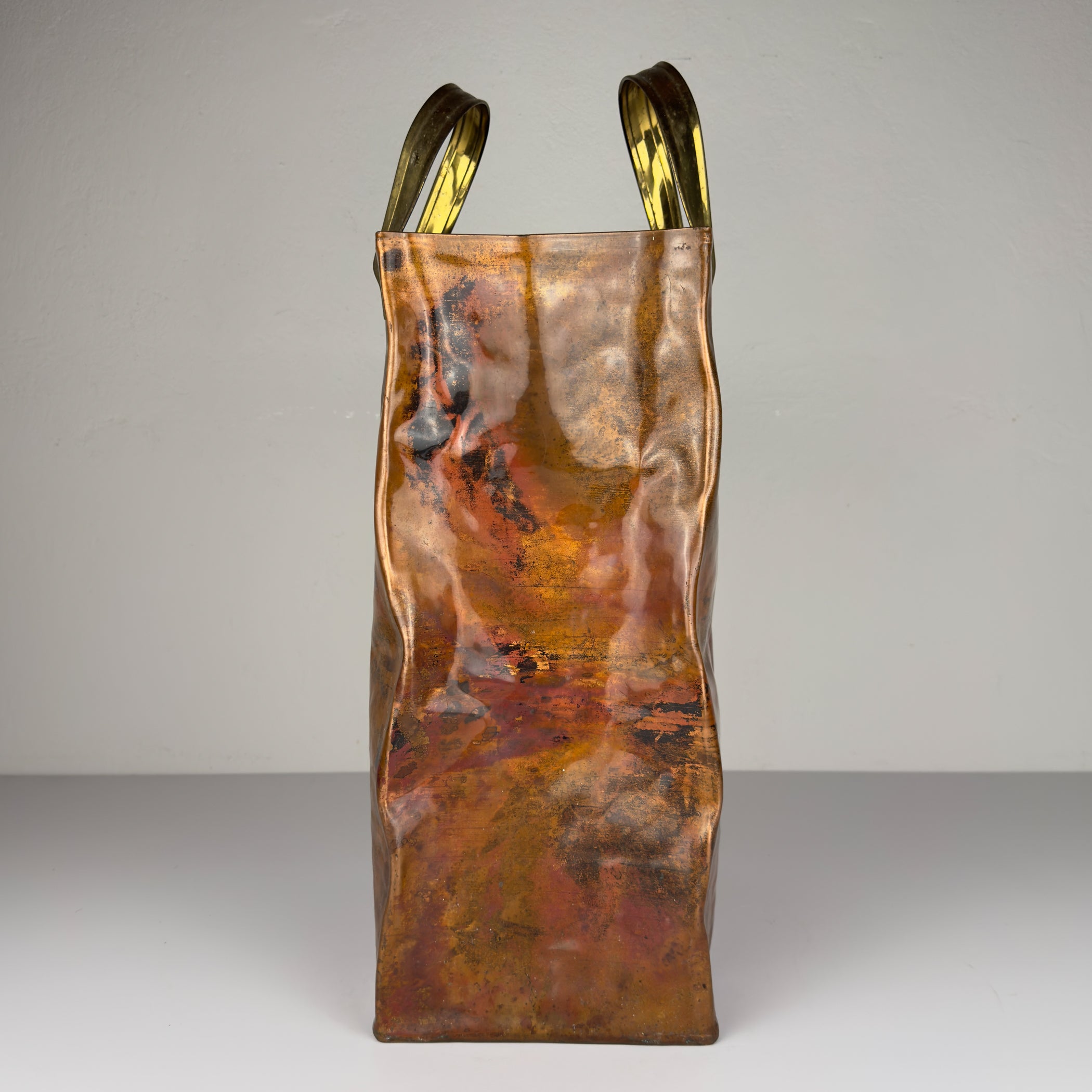 Vintage Copper Magazine Rack "Shopper Bag" with Brass Handles, Italy 1970s