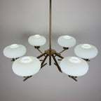 Mid-Century Stilnovo Chandelier with Brass and Opaline Glass, Italy 1970s