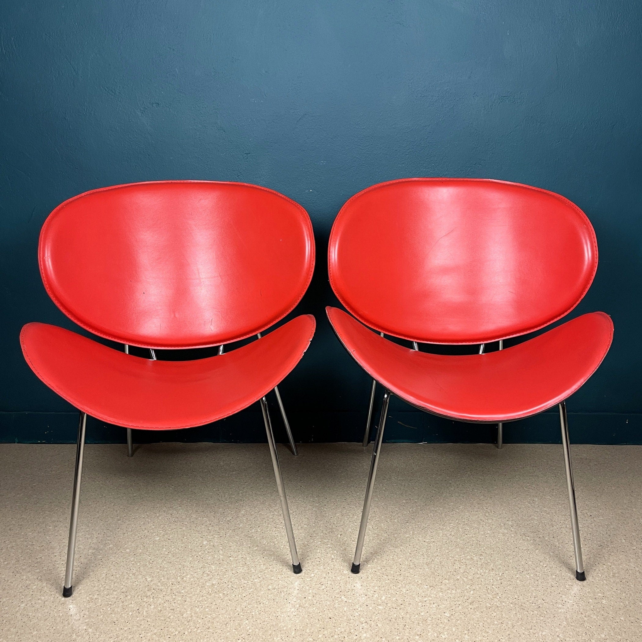 Vintage Red Vinyl Lounge Chairs: Pierre Paulin Style, Mid-Century Modern (Pair)