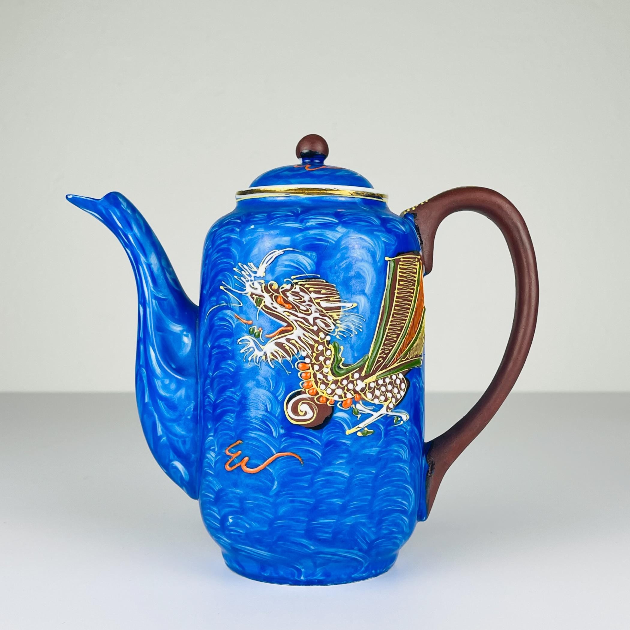 Vintage Japanese Lithophane Geisha porcelain coffee set Blue Dragon, 1950s