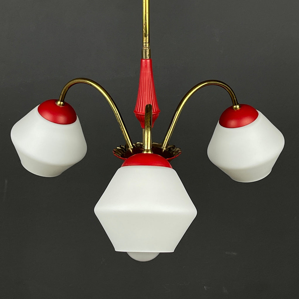 Vintage Italian Brass and Milky Glass 3-Arm Chandelier - 1950s Classic Design