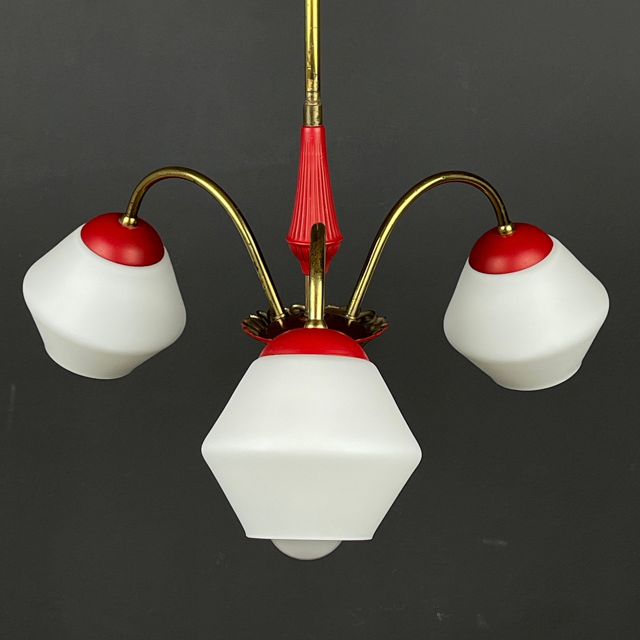 Vintage Italian Brass and Milky Glass 3-Arm Chandelier - 1950s Classic Design