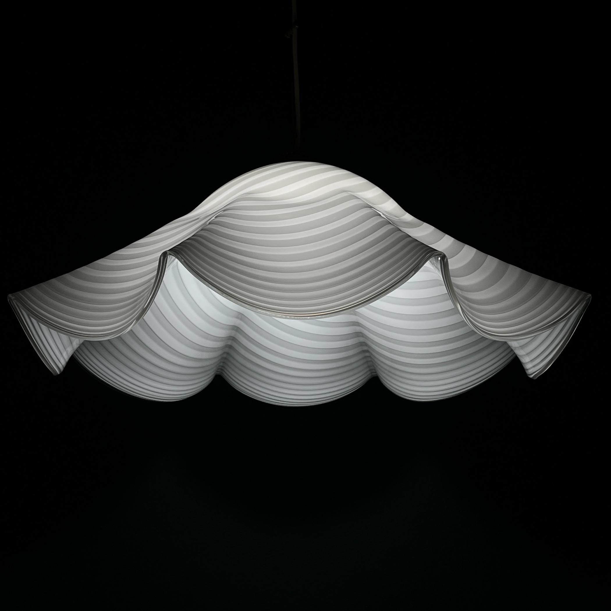 Vintage swirl white Murano glass pendant lamp, Italy 1970s