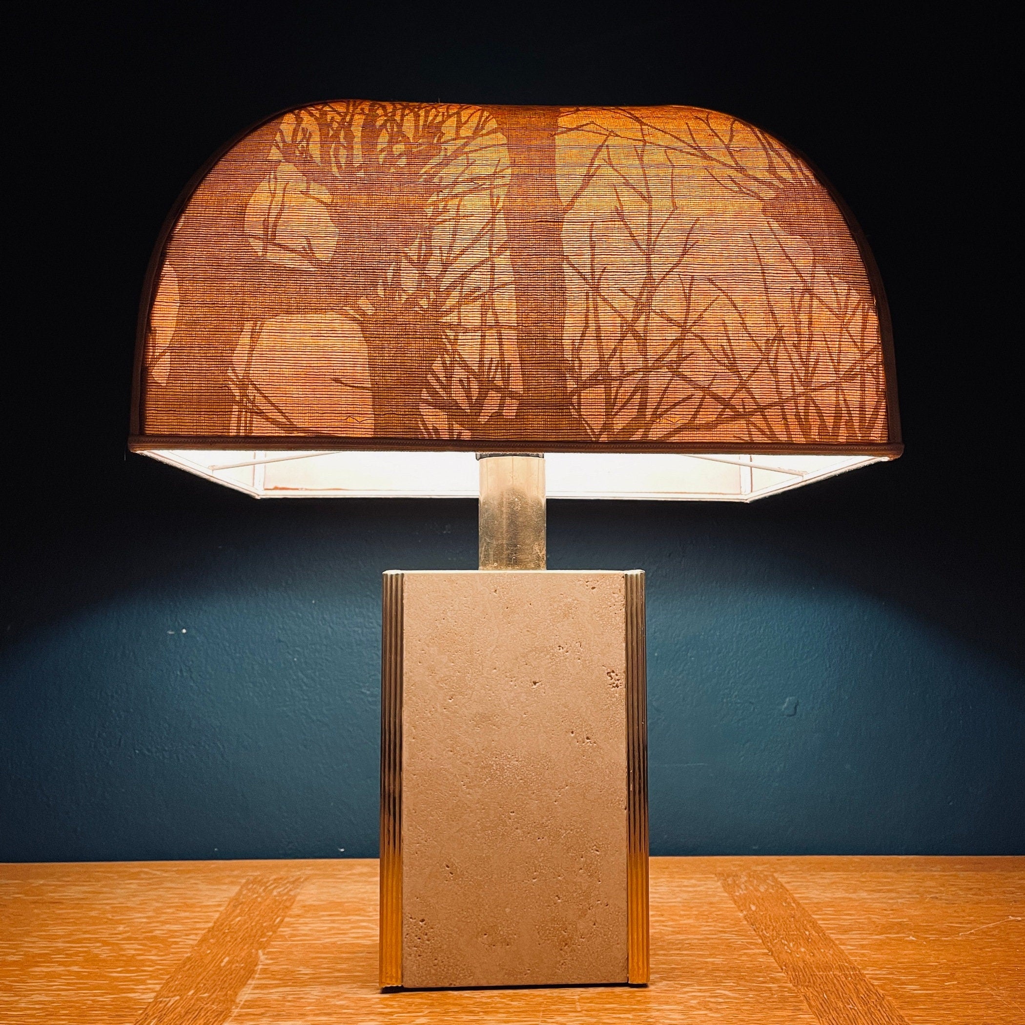 1970s Vintage Italian Travertine Marble Lamp with Brass Edge