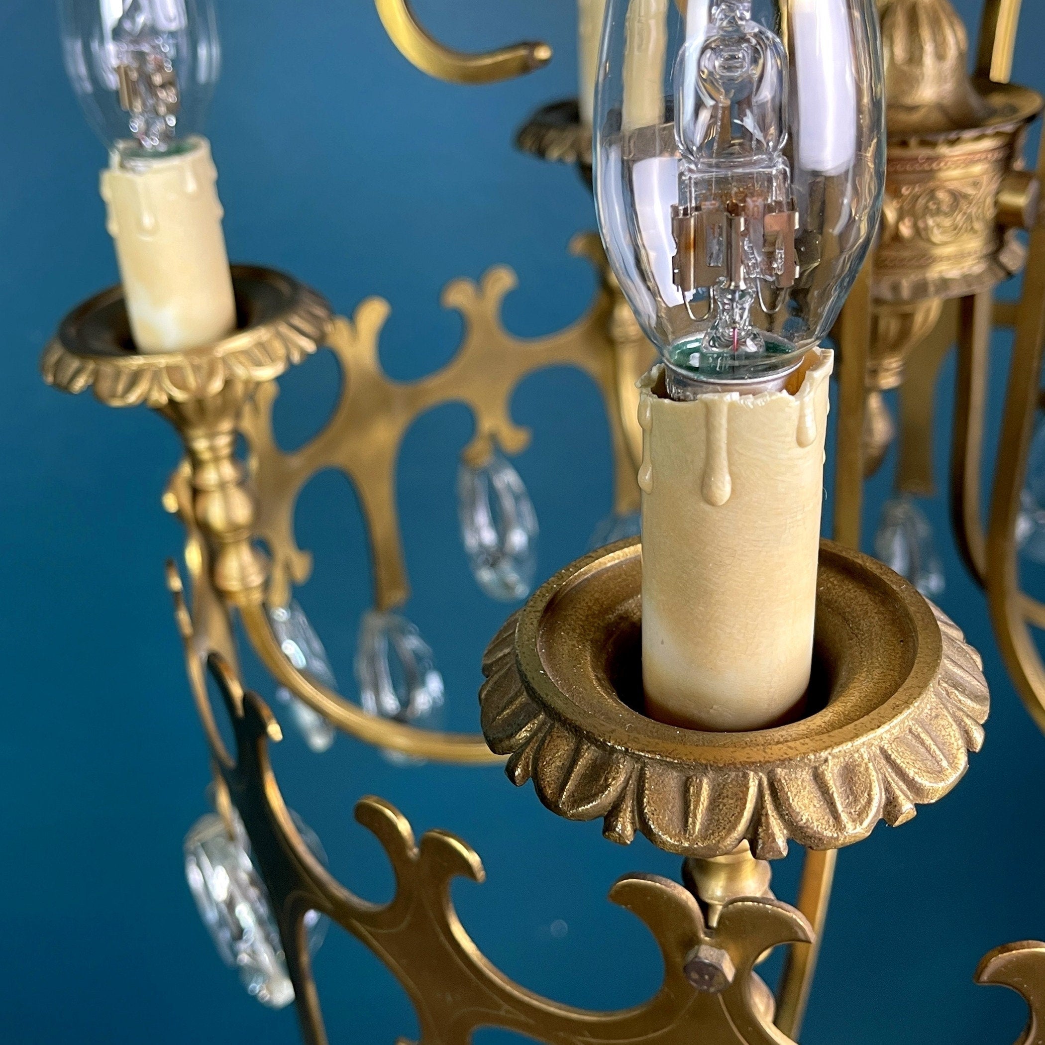 Vintage Italian Chandelier: 1960s Bronze 5-Arm Crystal Drop Light