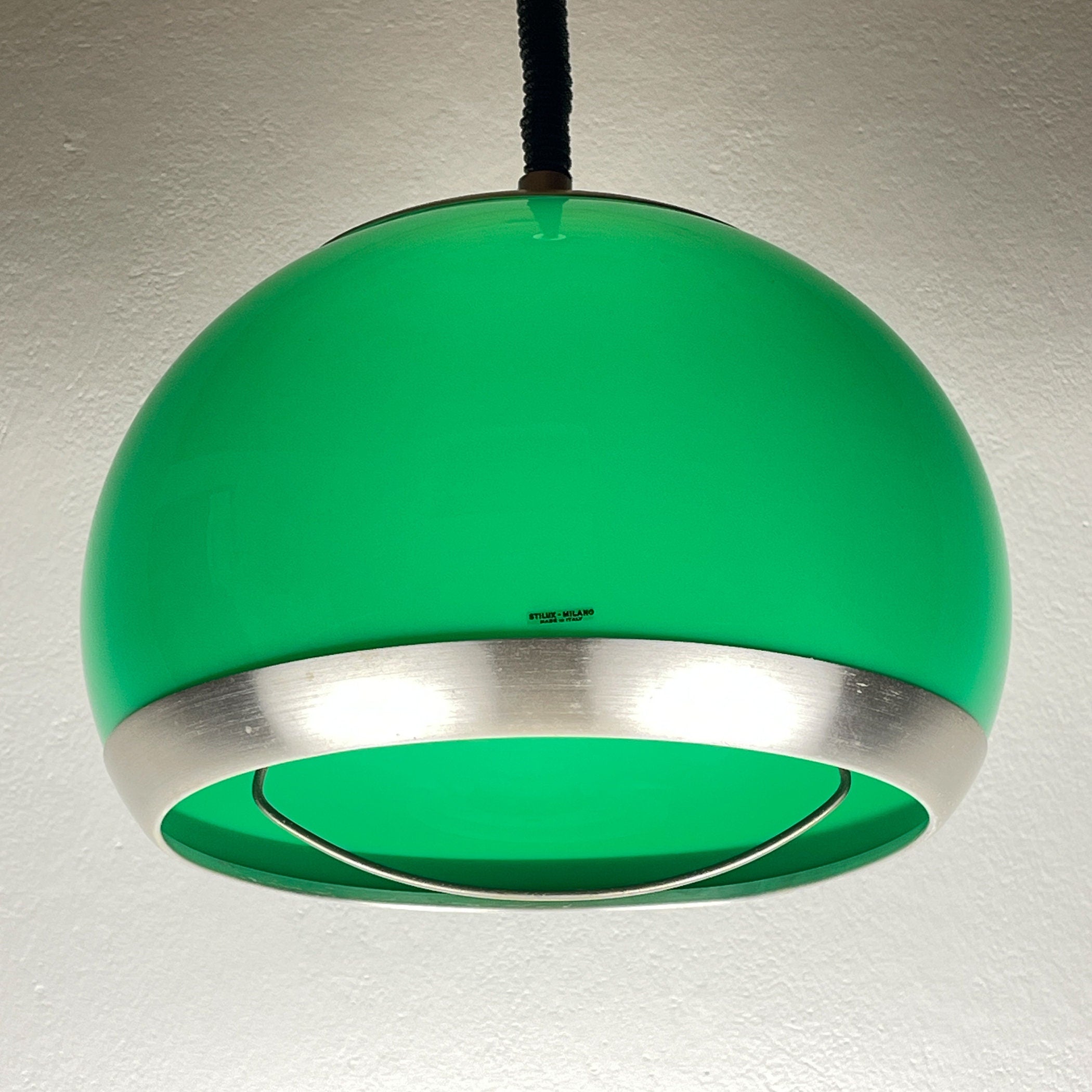 Mid-century green plastic pendant lamp by Stilux Milano, Italy, 1972, Vintage home decor