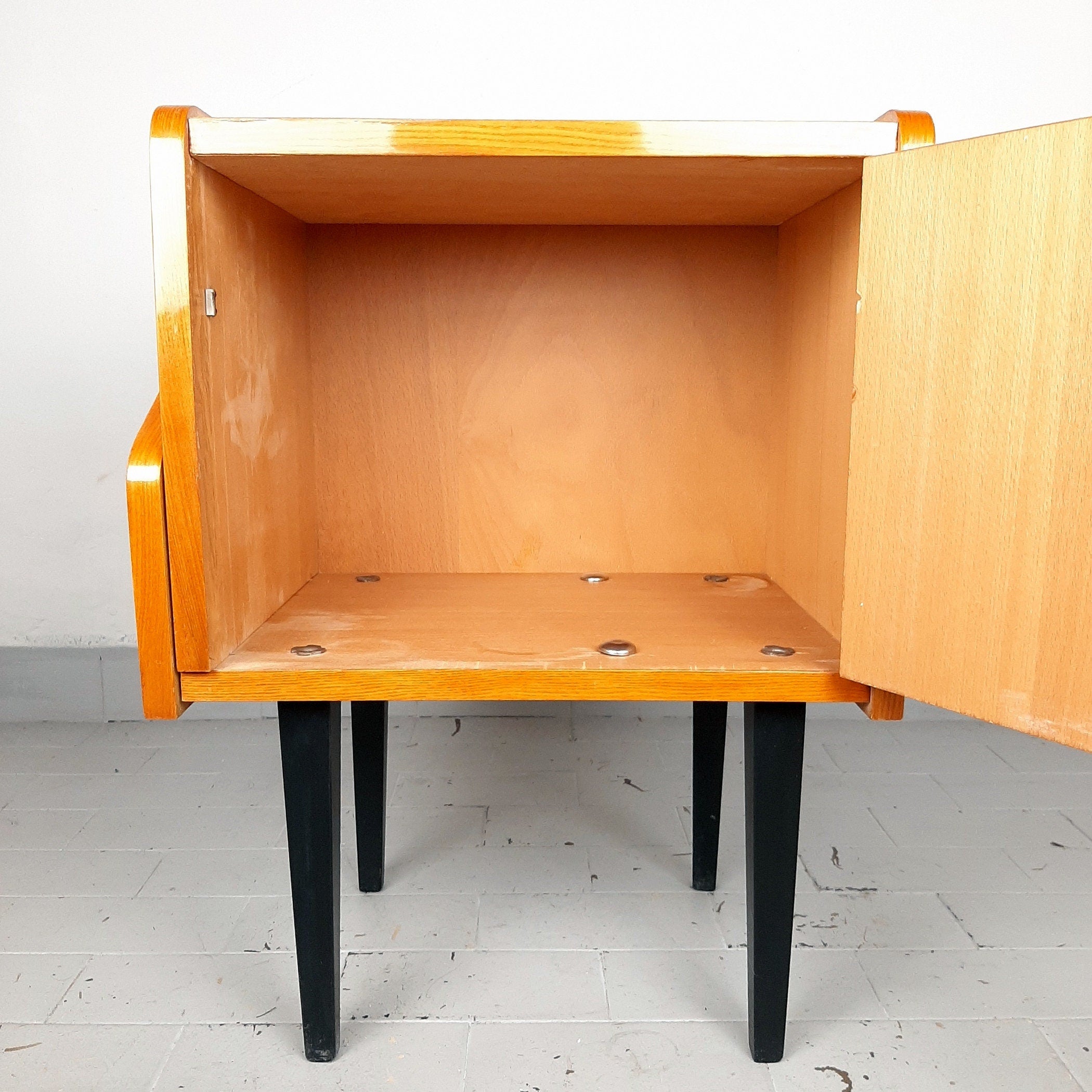 Mid-century bedside table Yugoslavia Retro Modern 1970s Polished Nightstand Storage