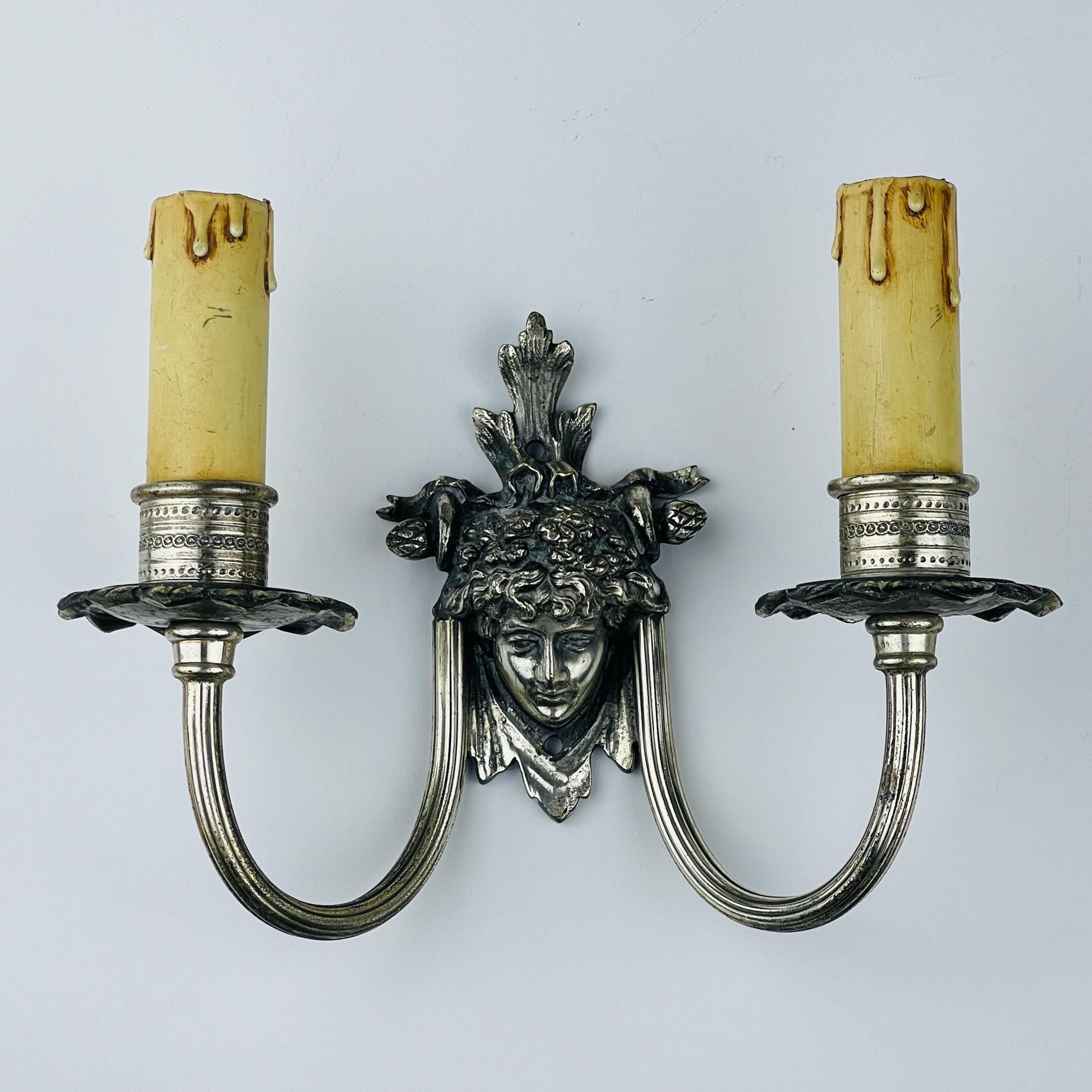 Antique silver plated wall lamp, France, 1930s, Set of 2, Vintage home decor