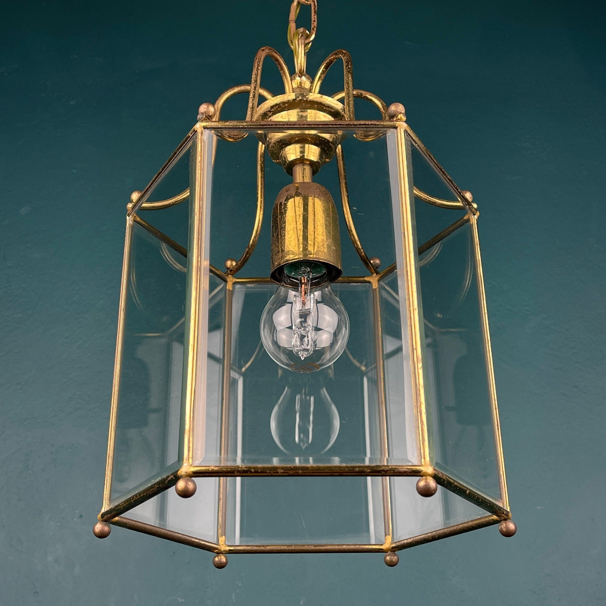 Vintage pendant lamp Italy '60s Brass Polished Glass Retro lighting