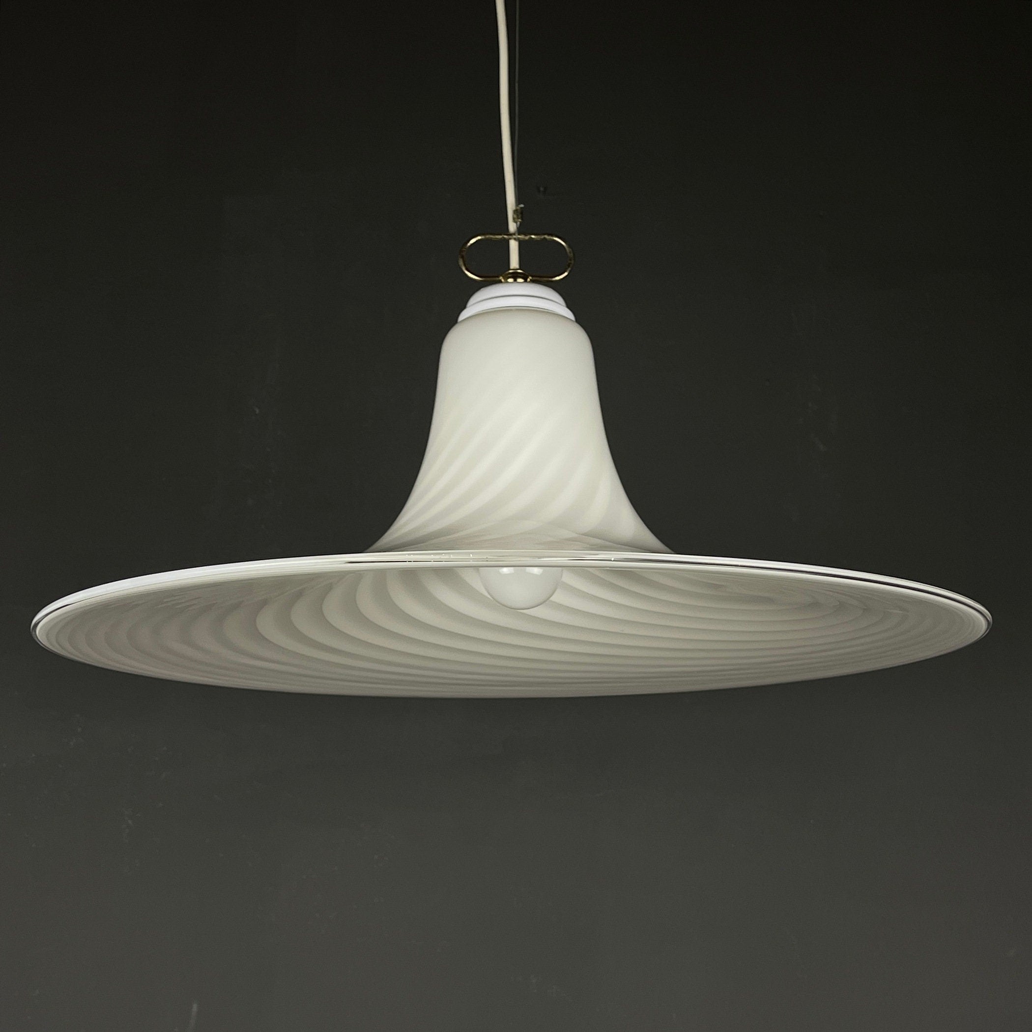 Vintage Murano Glass Pendant Lamp: Swirl White Mid-Century Lighting