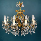 XL Vintage Crystal Chandelier: 1950s Italian Hollywood Regency Brass Lamp