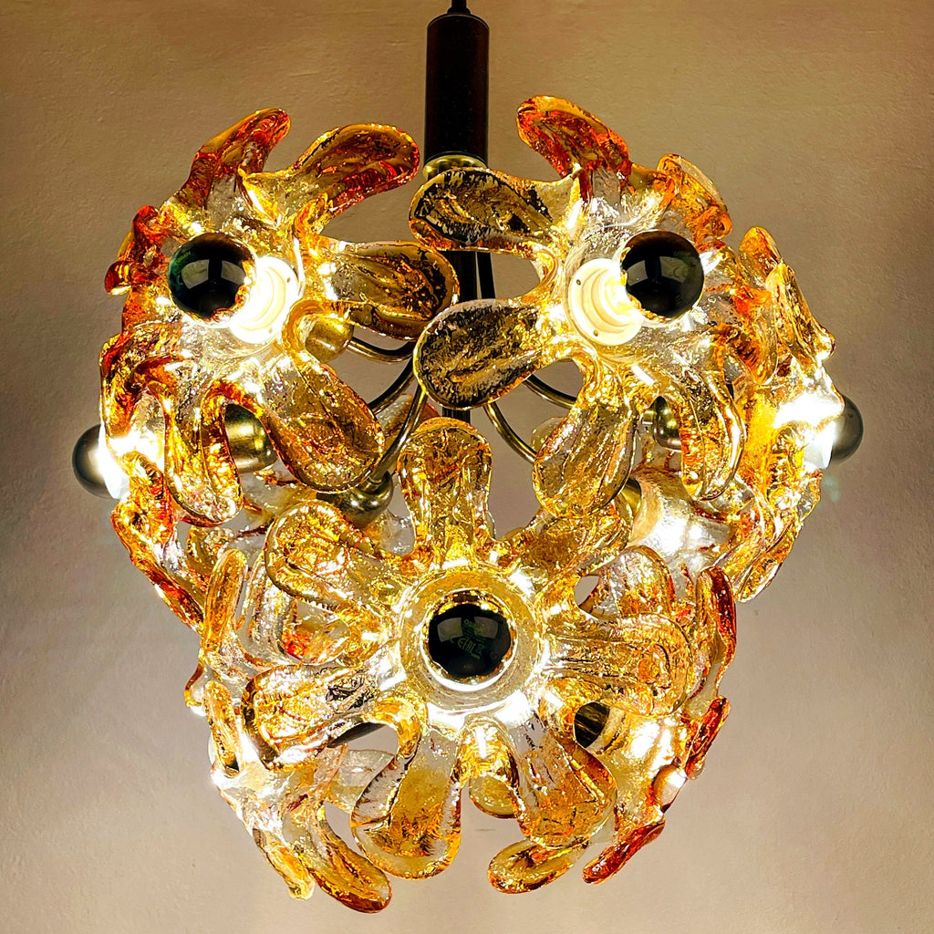 Vintage Amber Murano Glass Flower Chandelier - Mazzega Italian Lighting