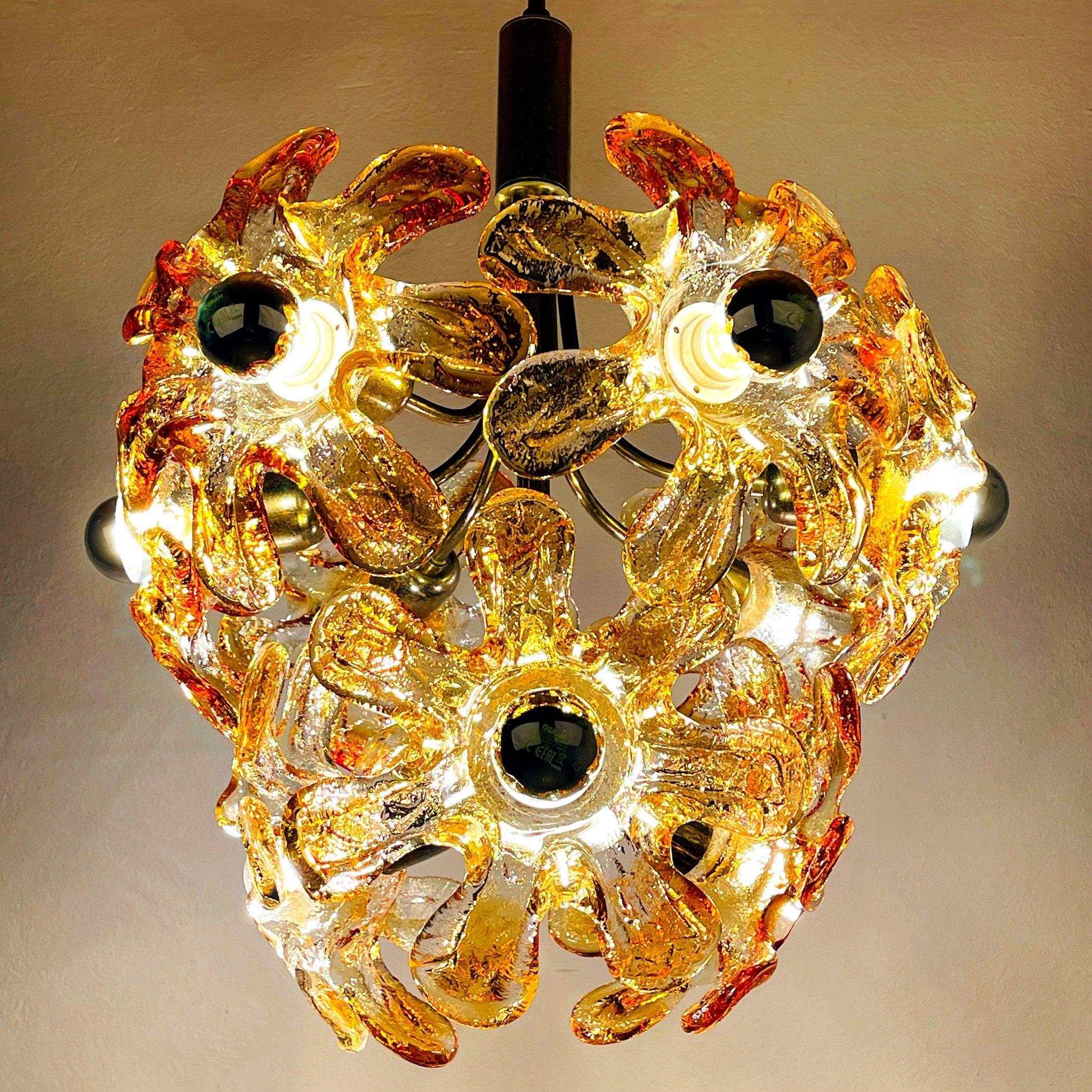 Vintage Amber Murano Glass Flower Chandelier - Mazzega Italian Lighting