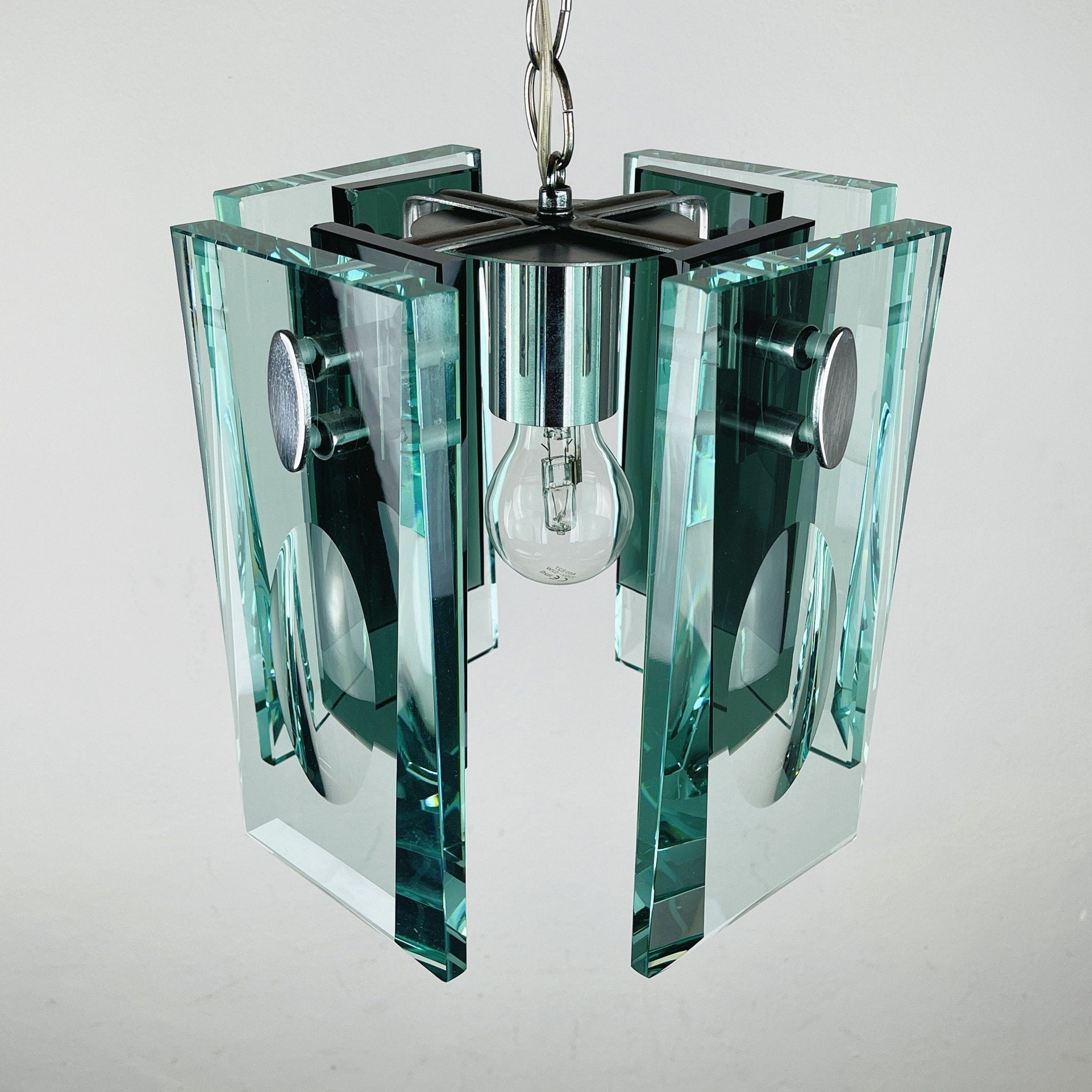 Fontana Arte Art Glass Pendant Lamp: Italian MCM 70s Design