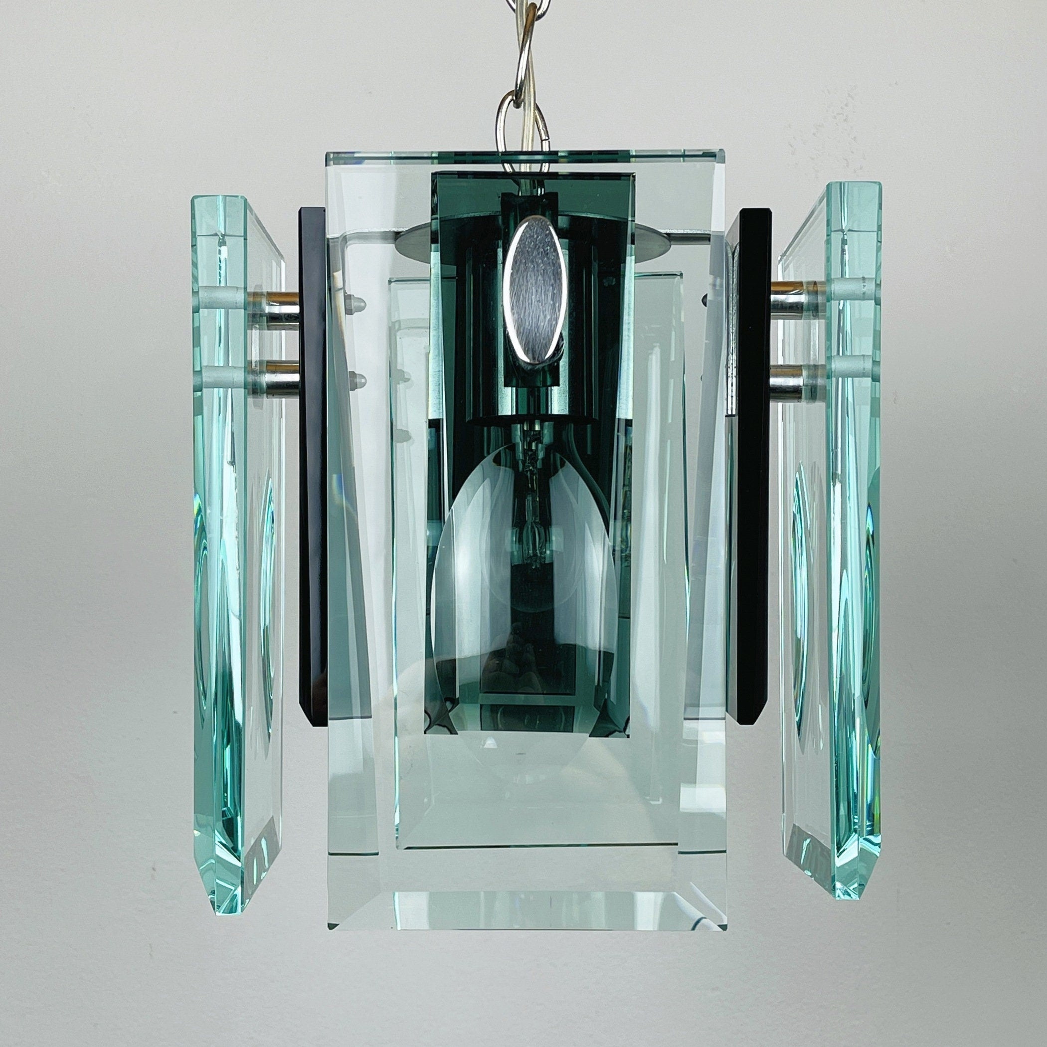 Fontana Arte Art Glass Pendant Lamp: Italian MCM 70s Design