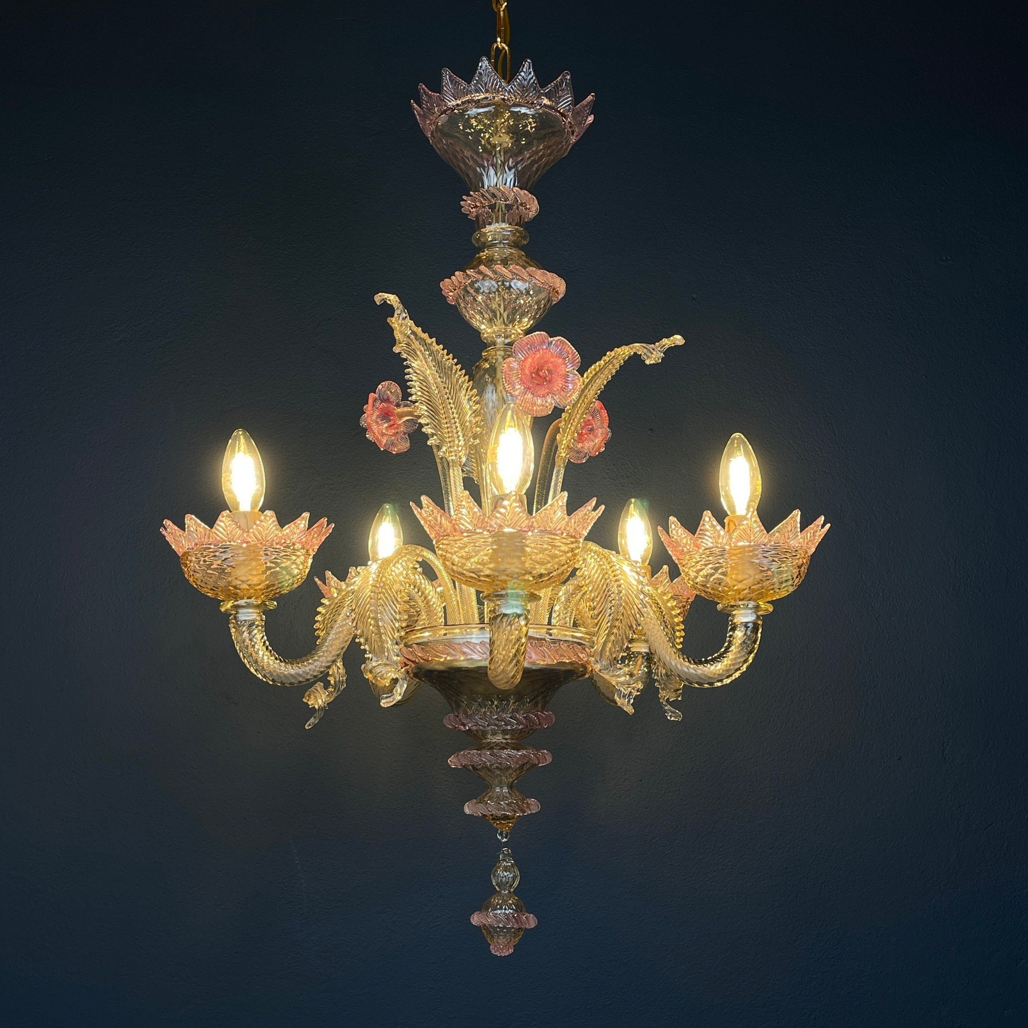 Murano chandelier Italy 1980s Pink and clear Italian home decor