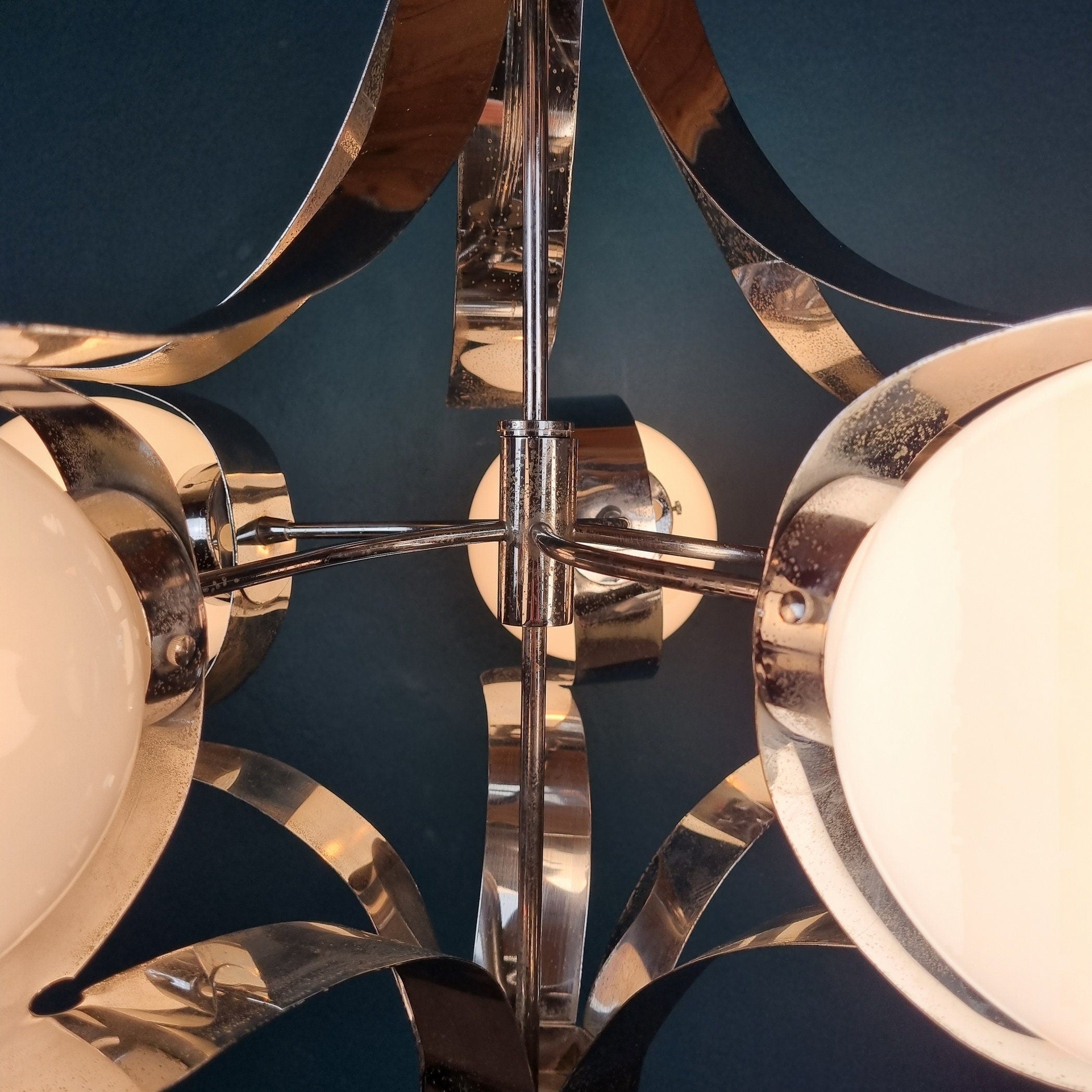 Mid-century metal opaline glass Italy 1960s Sputnik Space age Vintage italian lighting