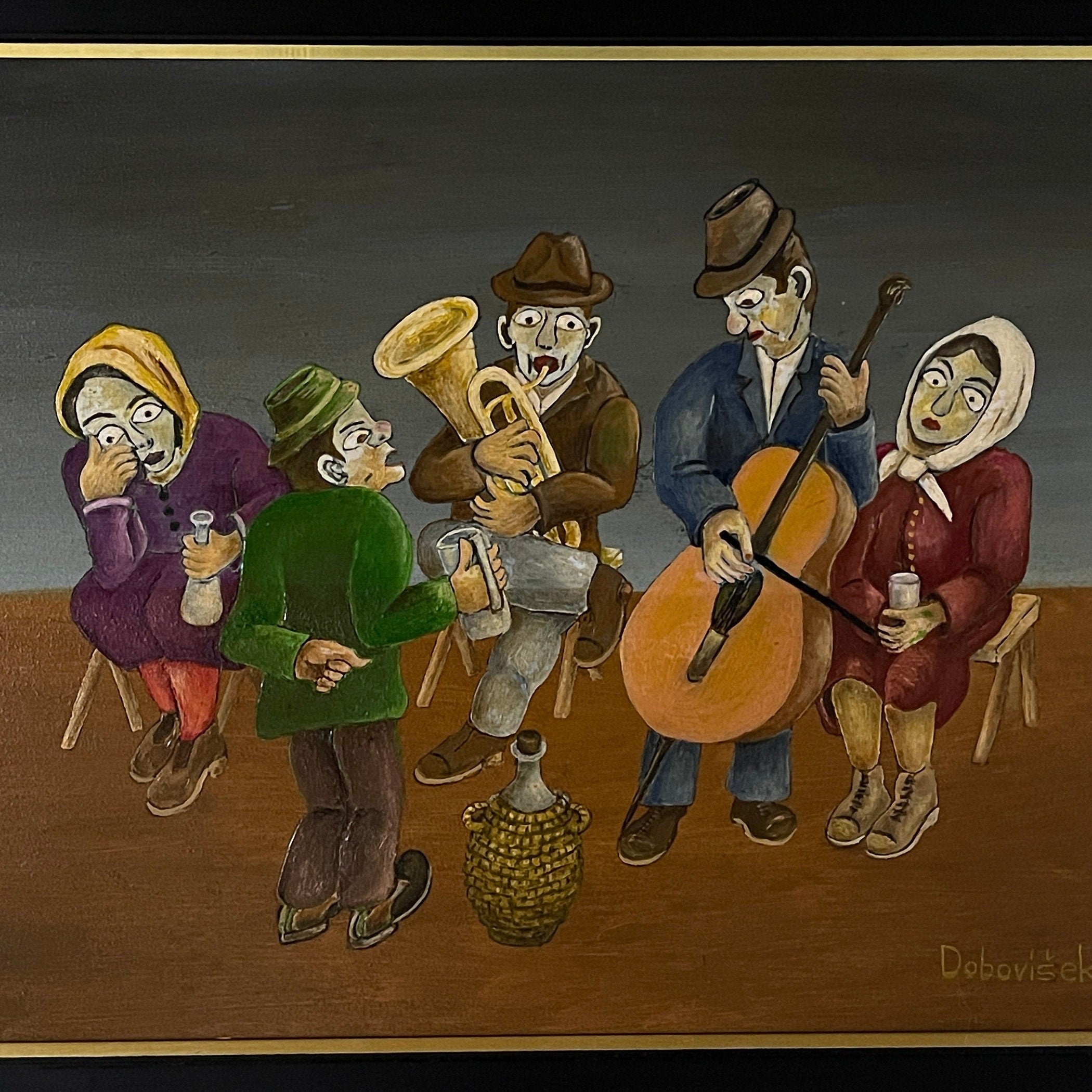 Vintage Naive Art Oil Painting: Rural Feast, Yugoslavia Folk Art