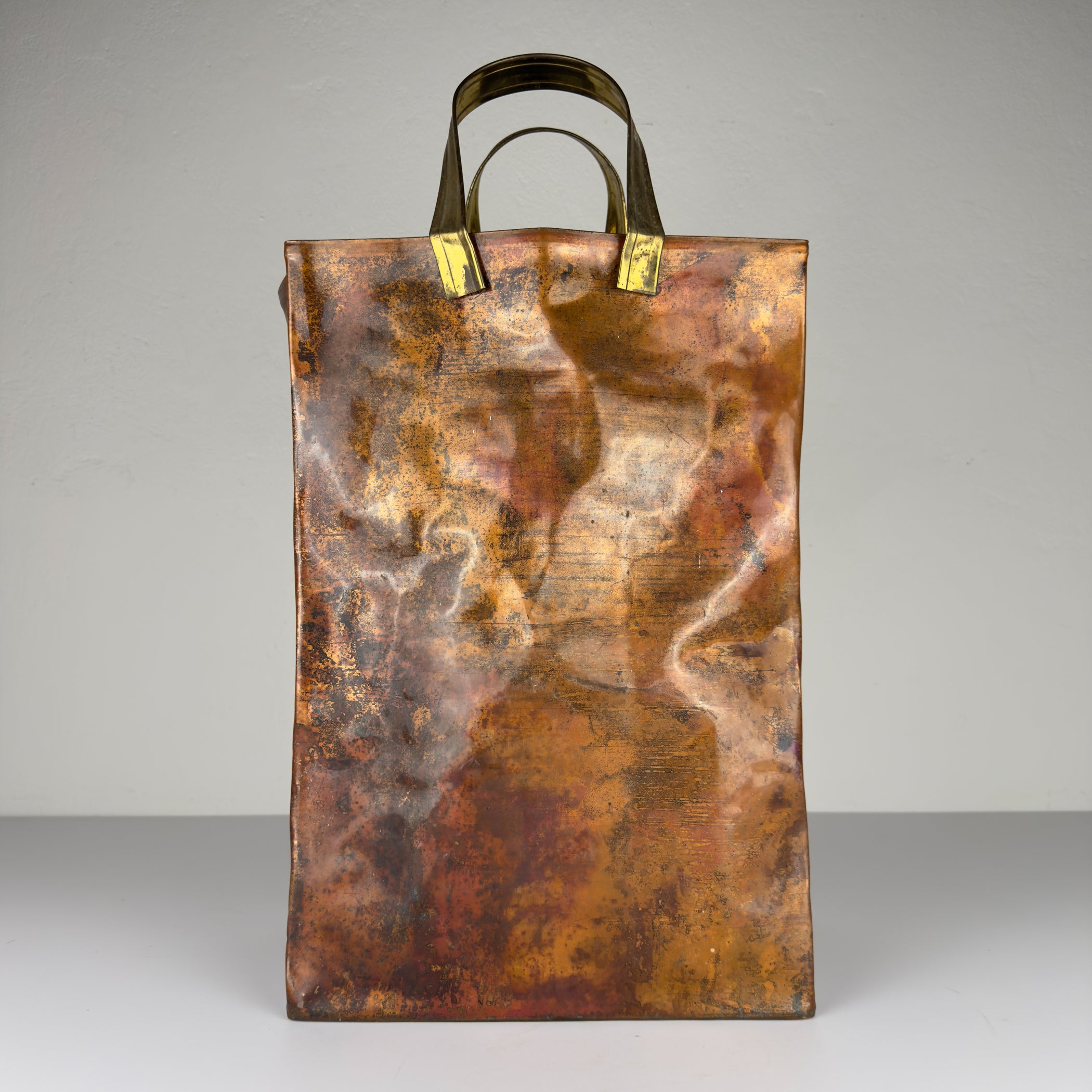 Vintage Copper Magazine Rack "Shopper Bag" with Brass Handles, Italy 1970s