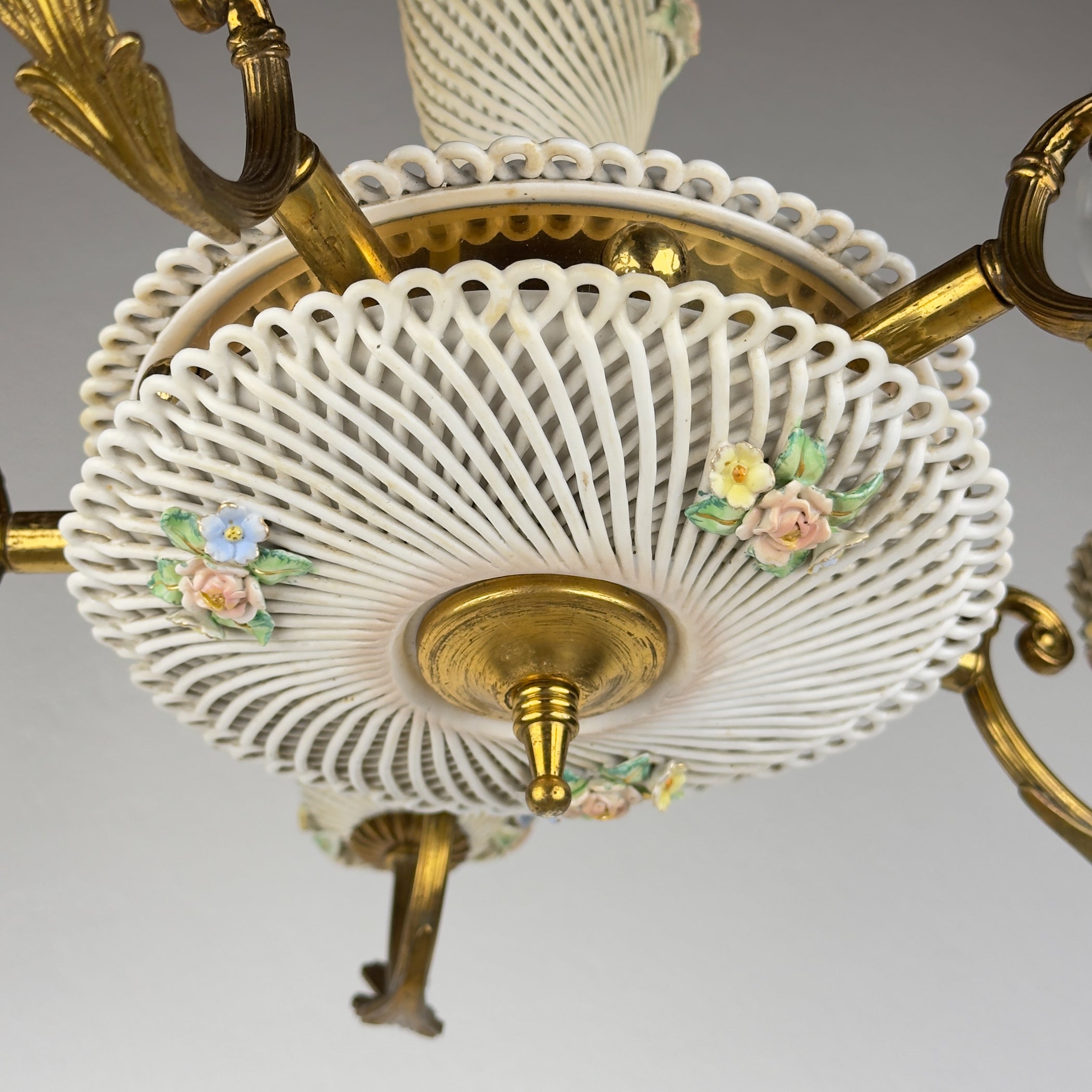 Vintage Art Nouveau Capodimonte Chandelier: Floral Porcelain Lamp, 1930s