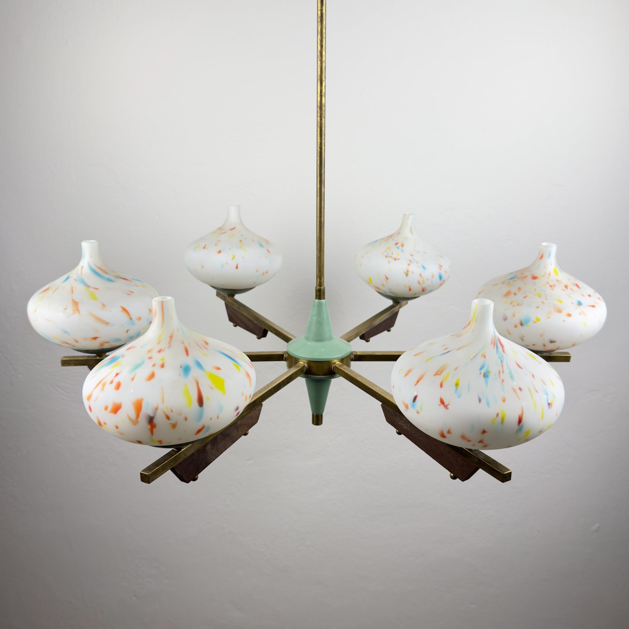 Mid-Century Stilnovo chandelier with teak and Murano Glass, Italy 1940-50s