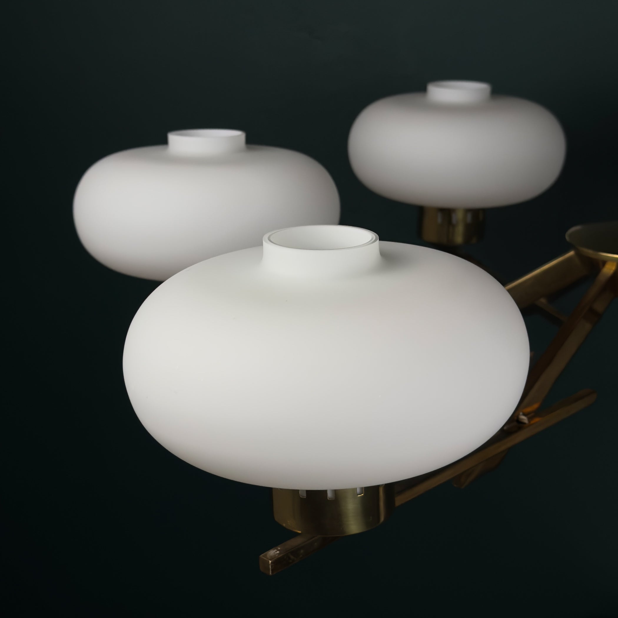 Mid-Century Stilnovo Chandelier with Brass and Opaline Glass, Italy 1970s