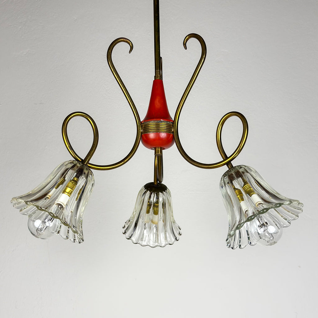 Vintage murano glass and brass chandelier, Italy 1950s
