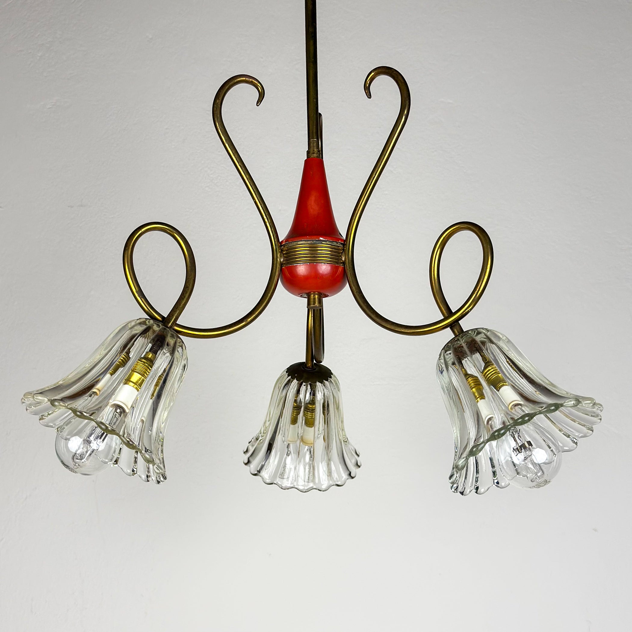 Vintage murano glass and brass chandelier, Italy 1950s
