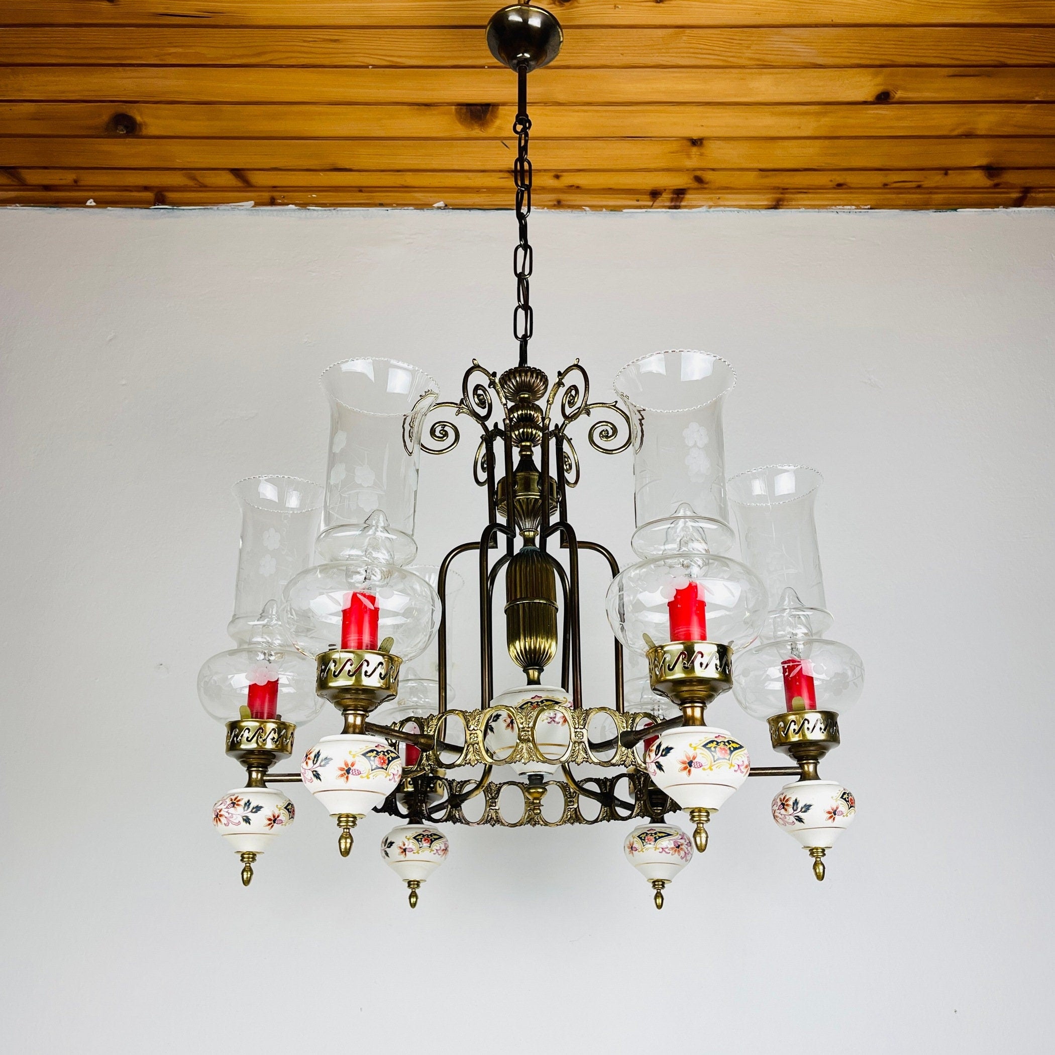 Vintage porcelain and brass chandelier Italy 1930s