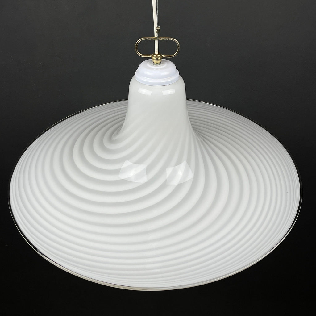 Vintage Murano Glass Pendant Lamp: Swirl White Mid-Century Lighting