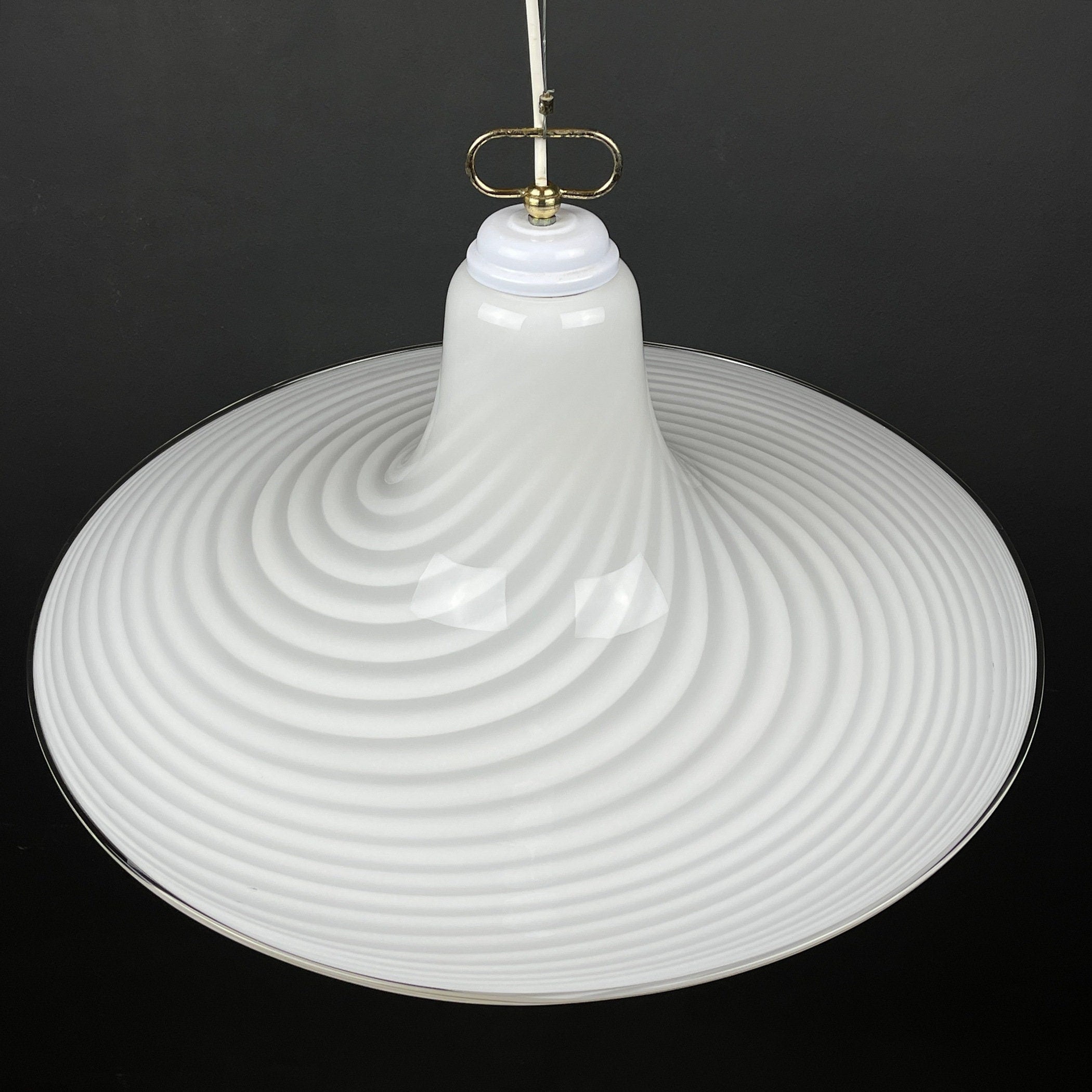 Vintage Murano Glass Pendant Lamp: Swirl White Mid-Century Lighting