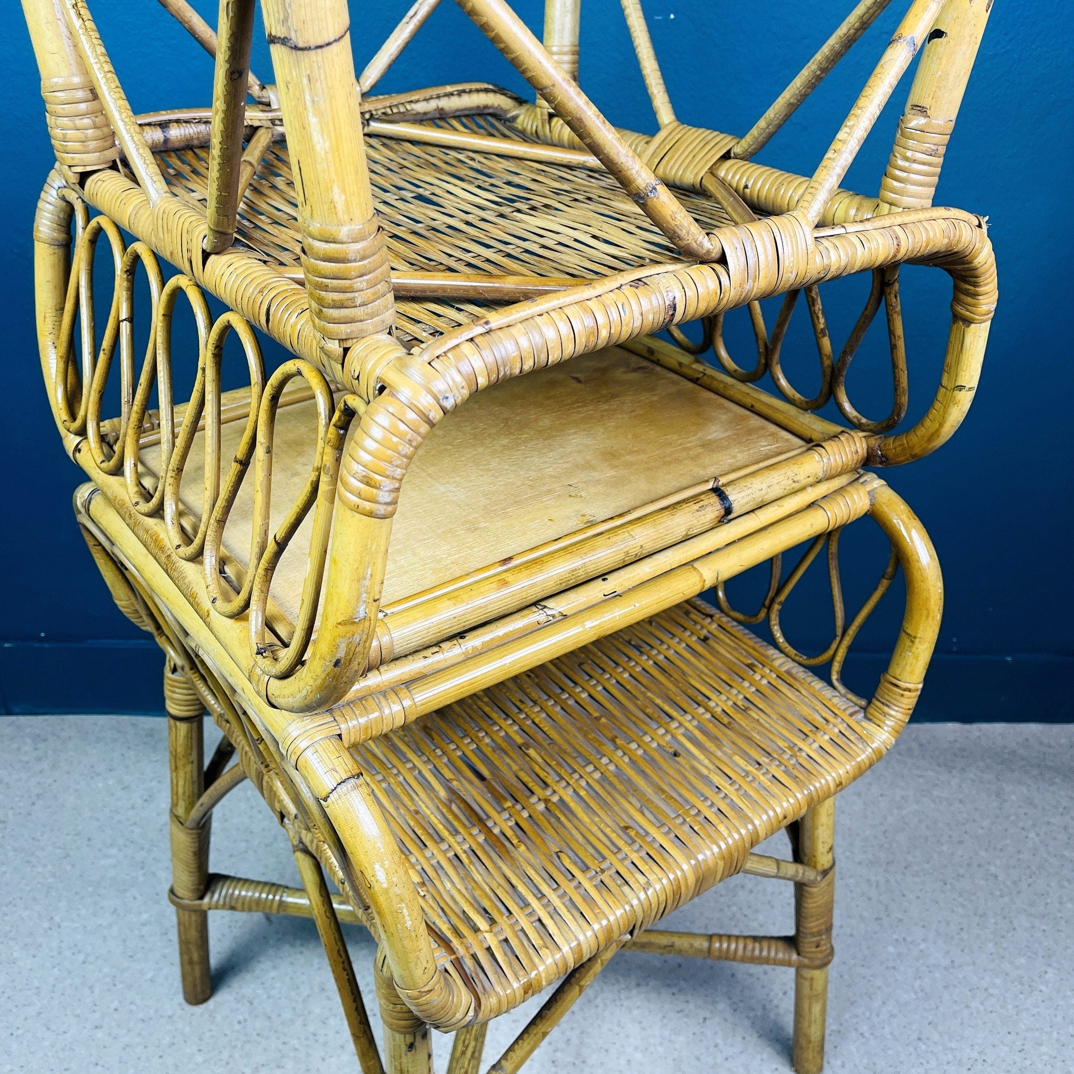 Pair of Vintage bamboo nightstands bedside tables Italy 1960s end table night side furniture modern tiki boho chic bohemian rattan wicker