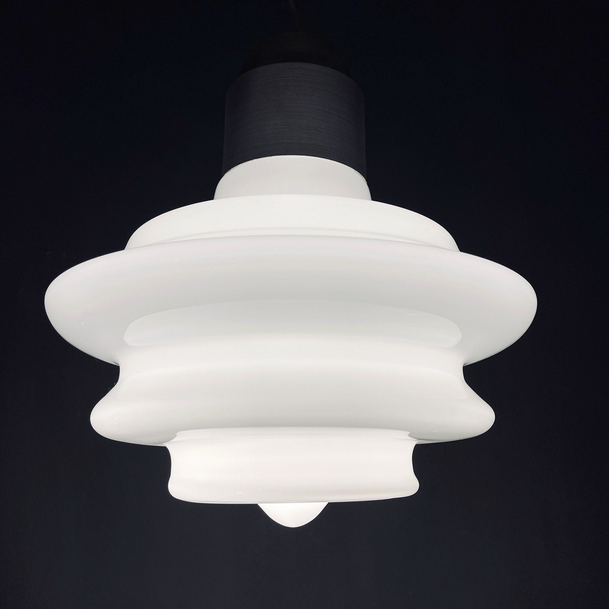 Large mid-century opaline white glass hanging lamp Italy 1960s Art deco Italian modern