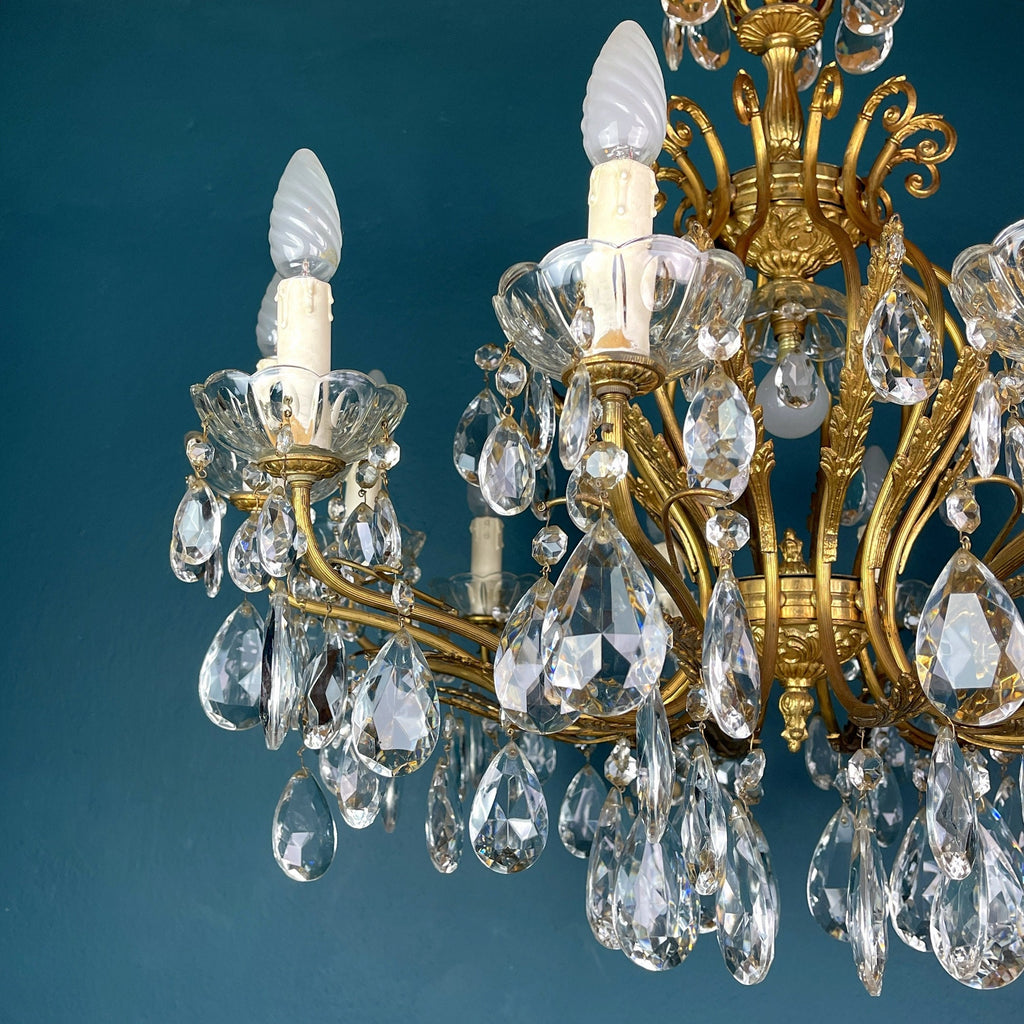 XL Vintage Crystal Chandelier: 1950s Italian Hollywood Regency Brass Lamp