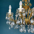 XL Vintage Crystal Chandelier: 1950s Italian Hollywood Regency Brass Lamp