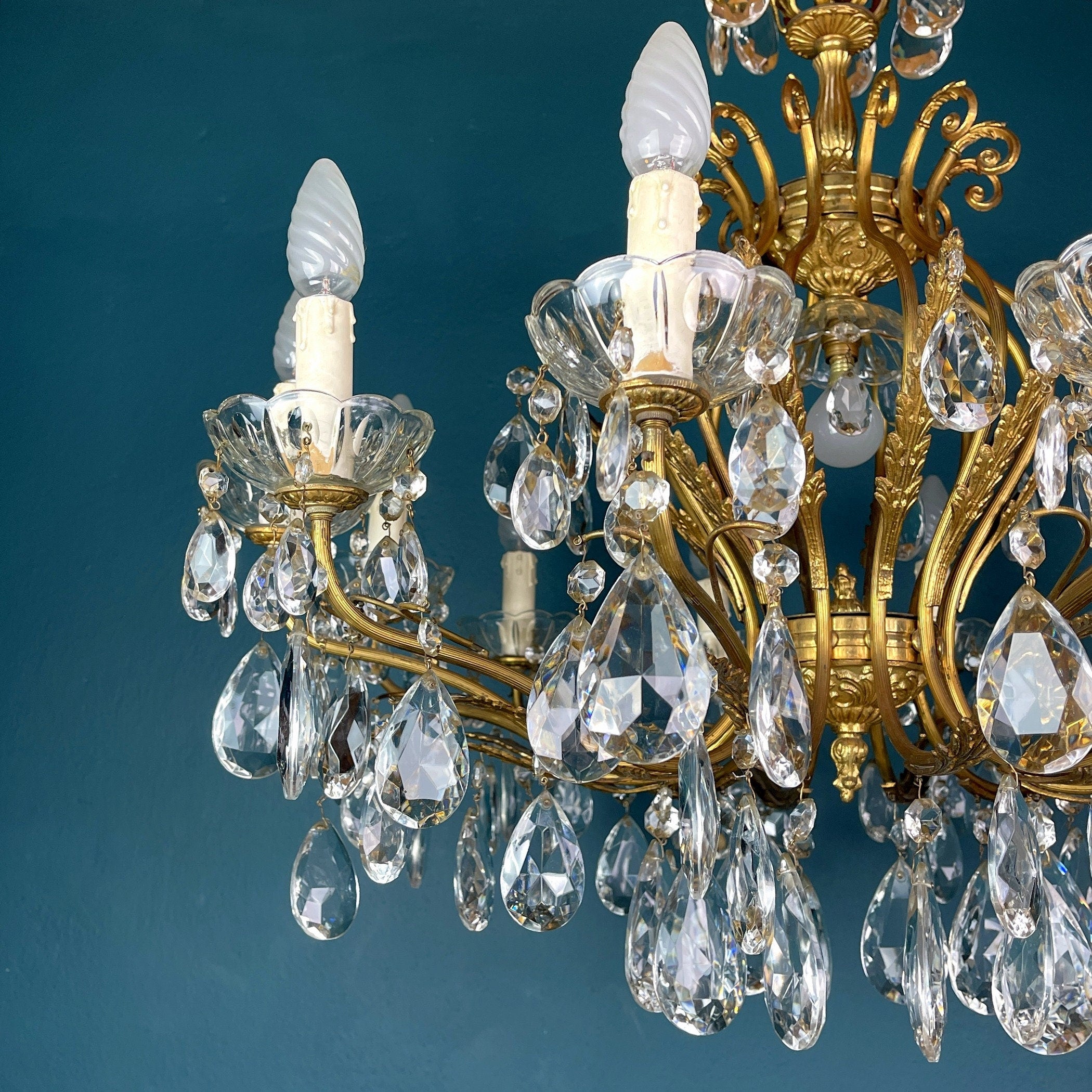 XL Vintage Crystal Chandelier: 1950s Italian Hollywood Regency Brass Lamp