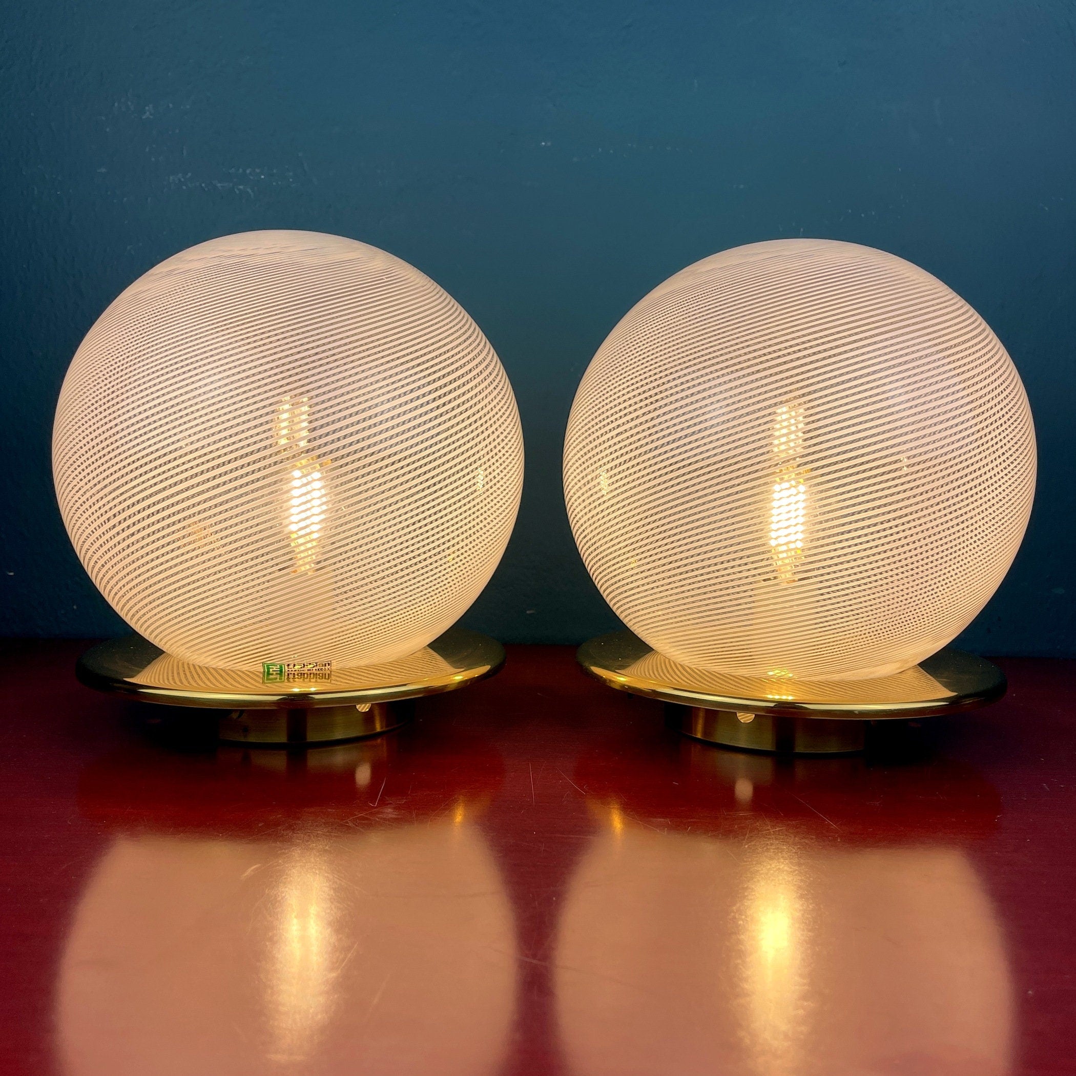 Vintage Murano Glass Table Lamps: F.Fabbian Italian Modern Sphere Set