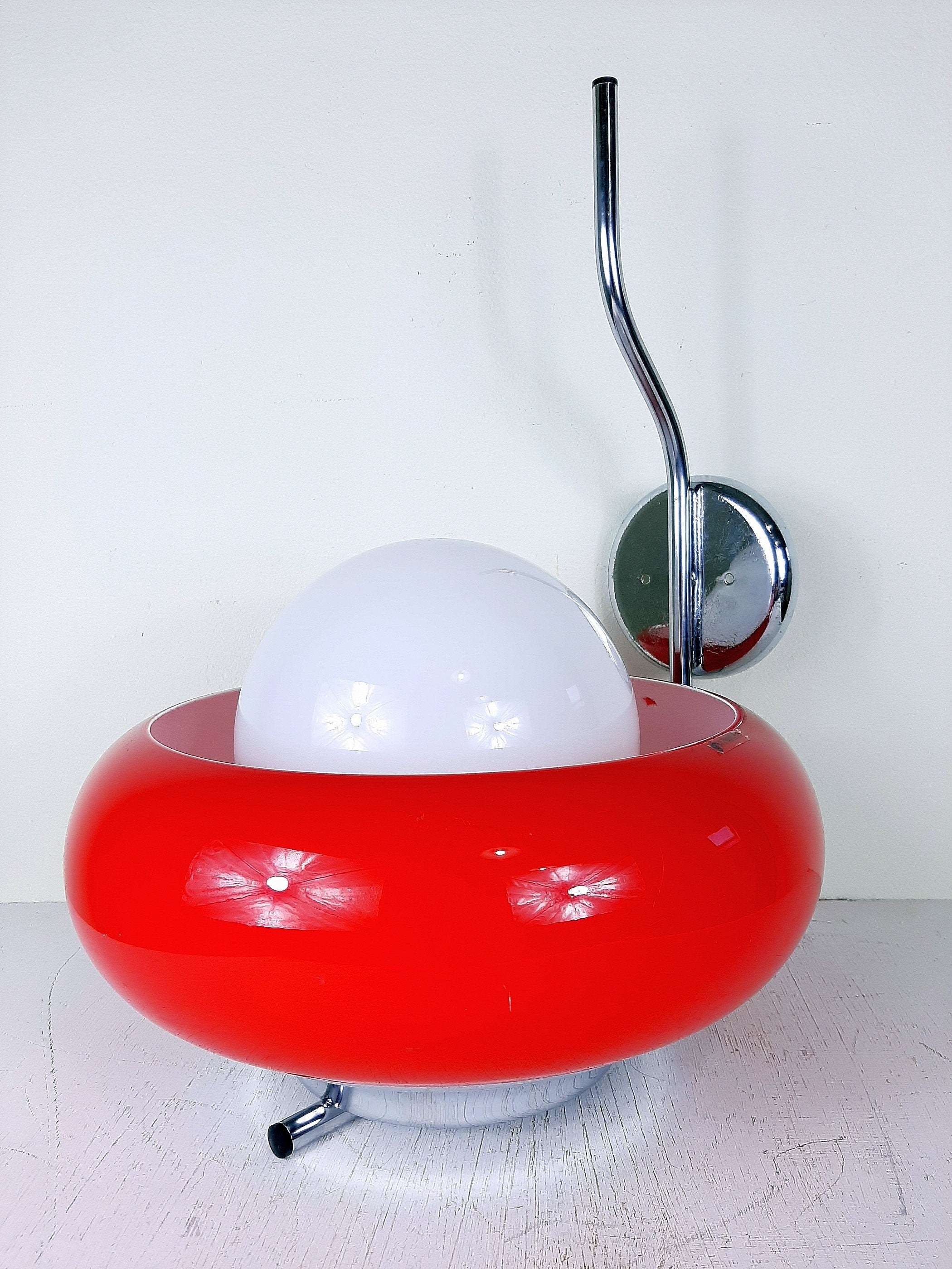 Meblo Guzzini Red Glass Wall Lamp: 1980s Space Age Sconce