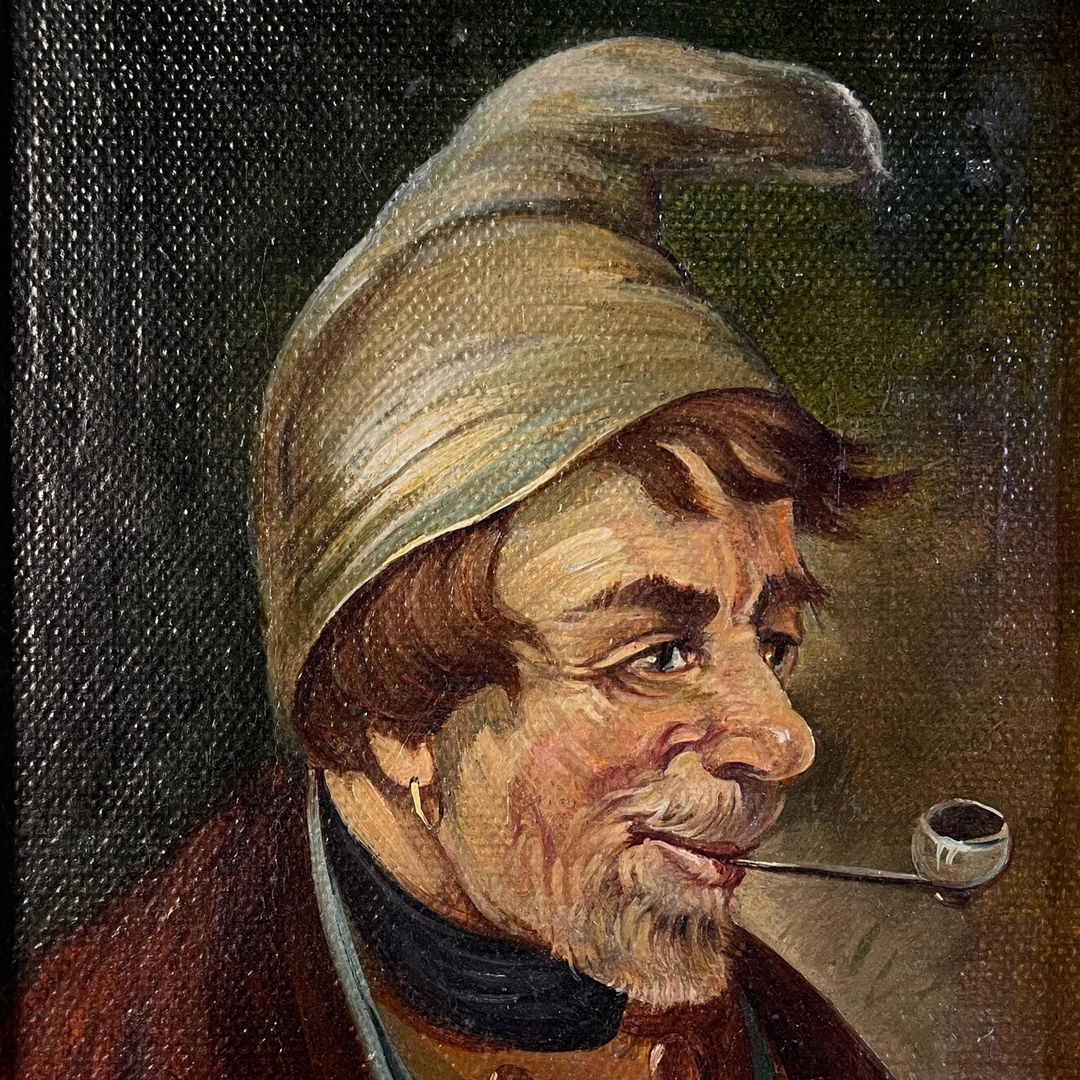 Antique painting Portrait "Man in a nightcap with a pipe" by G. Schill, canvas, oil, 1930s